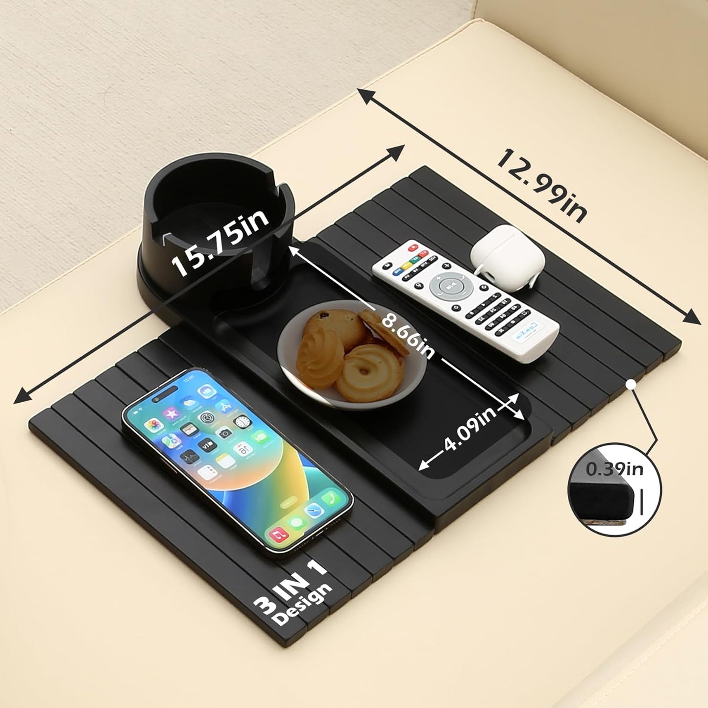 Couch Cup Holder Tray, 15.75" Bamboo Cup Holder for Couch, 3 in 1 Foldable Arm Chair Clip on Side Tray Table for Remote Snack Table on Armrest
