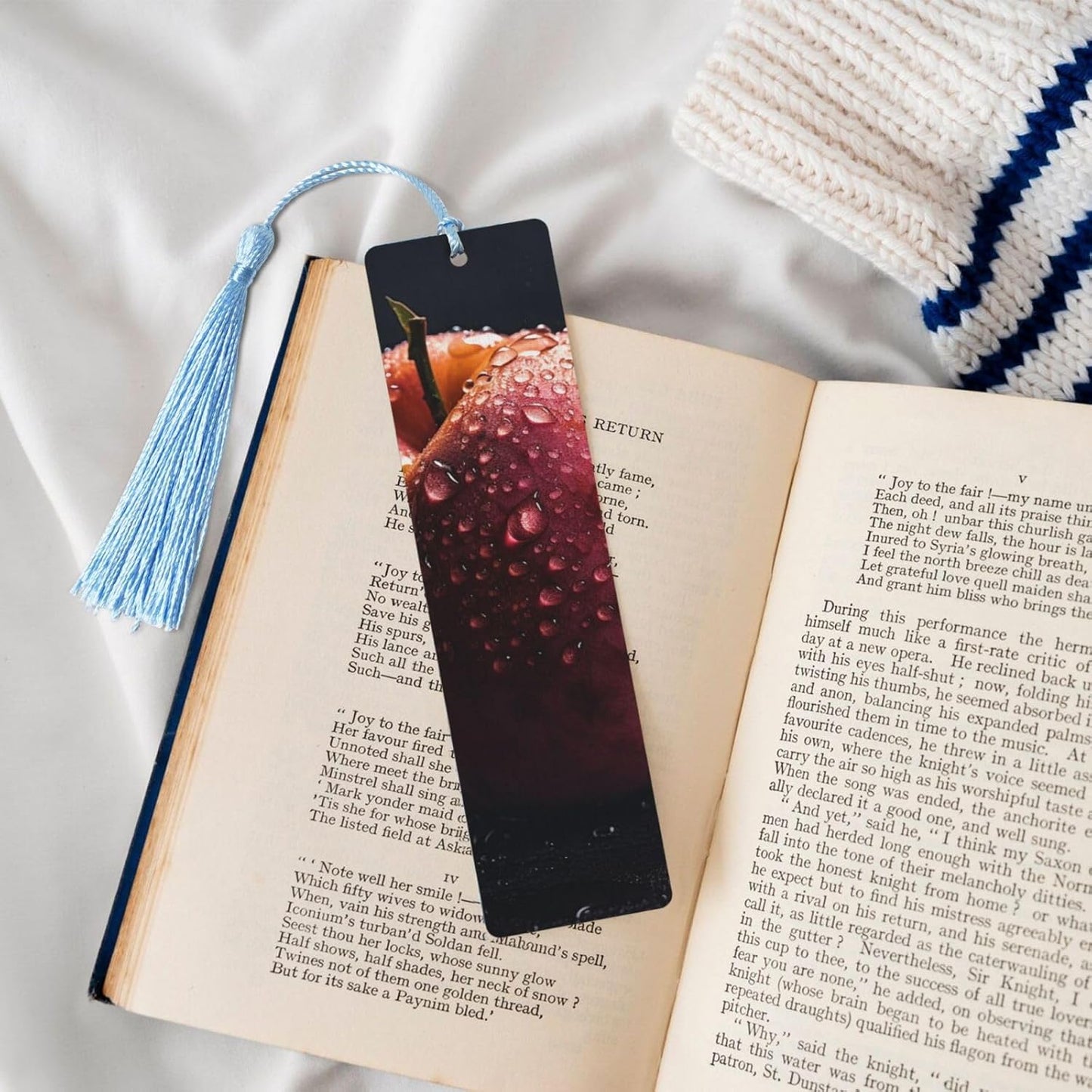 Peach with Water Drops Bookmarks Gifts for Women Men, Wooden Bookmarks for Book Lovers, Vintage Book Marks Ornaments with Tassel, Unique Personalized Reading Page Markers Sky Blue