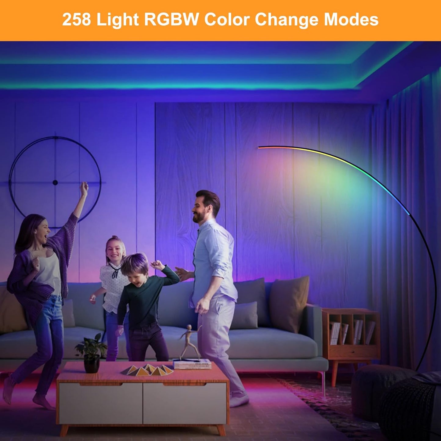 E.P. Light RGBW Modern 69.99 inch Arched Standing Reading Floor Lamp with Remote - Dimmable Black Led Color Changing Curved Ambient Lighting for Bedroom and Living Room