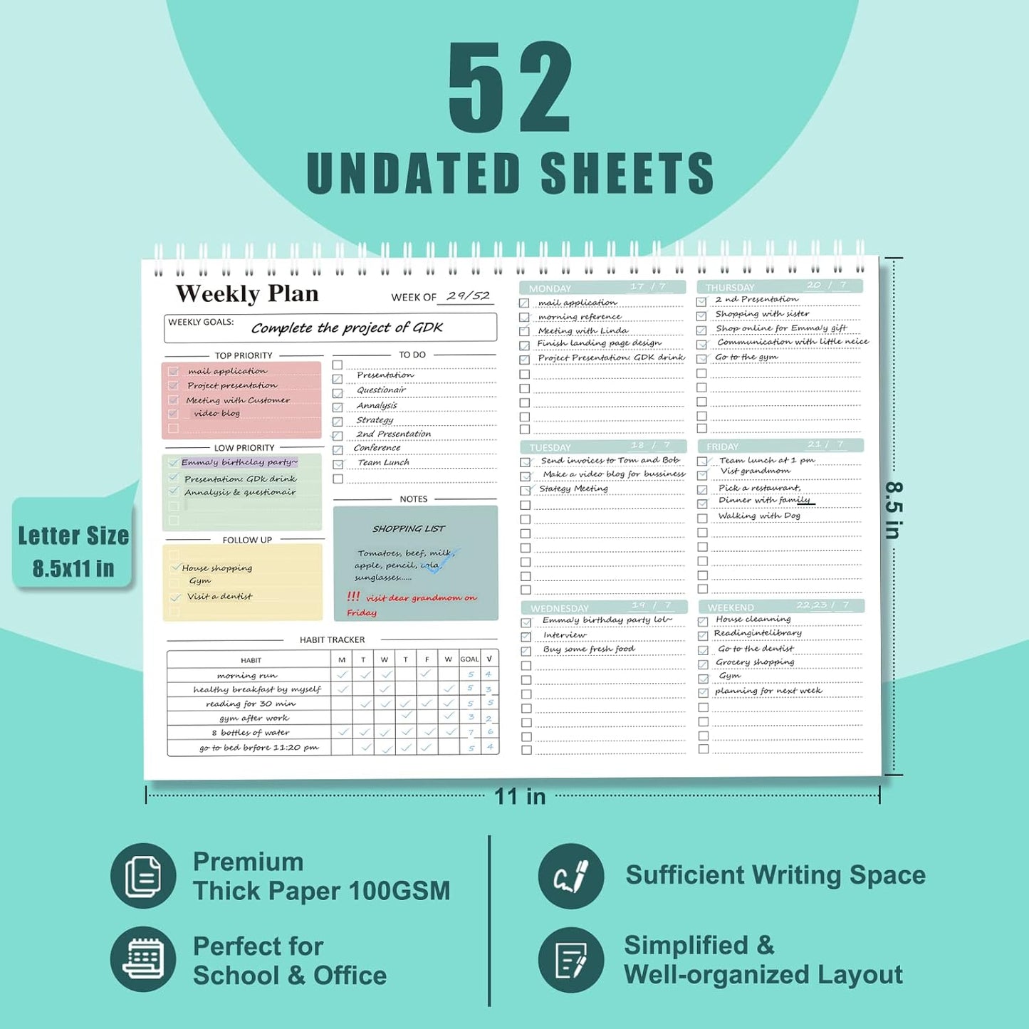 Ymumuda Weekly To Do List Notepad - Daily To Do List Undated 52 - Week Sheets, 8.5x11" Weekly Goal Notebook, Habit Tracker Journal, Excellent for Student School Work Personal Productivity Organizer