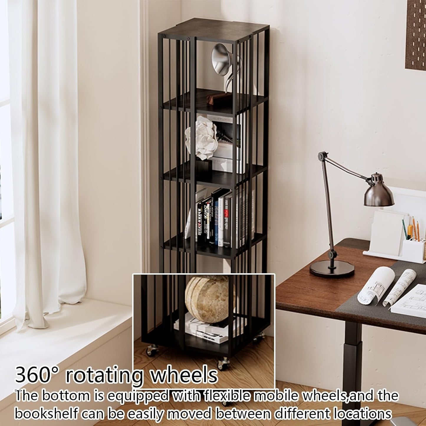 Simple Metal Bookshelf – Vertical Book Tower,360 degrees Vertical Bookshelf Tower,Tall & Narrow Ladder Bookcase, Modern Vertical Bookshelf Tower,Modern invisible Floating Bookshelf With wheels(107.5cm