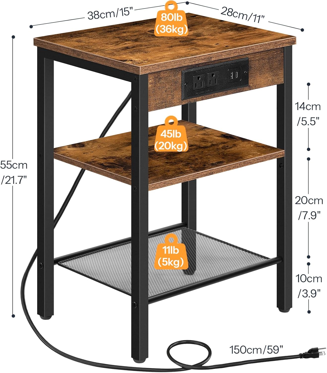 HOOBRO Side Table with Charging Station and USB Port, Small End Table for Small Space, 3-Tier Nightstand with Adjustable Shelf, for Living Room, Bedroom and Balcony, Rustic Brown BF112BZ01