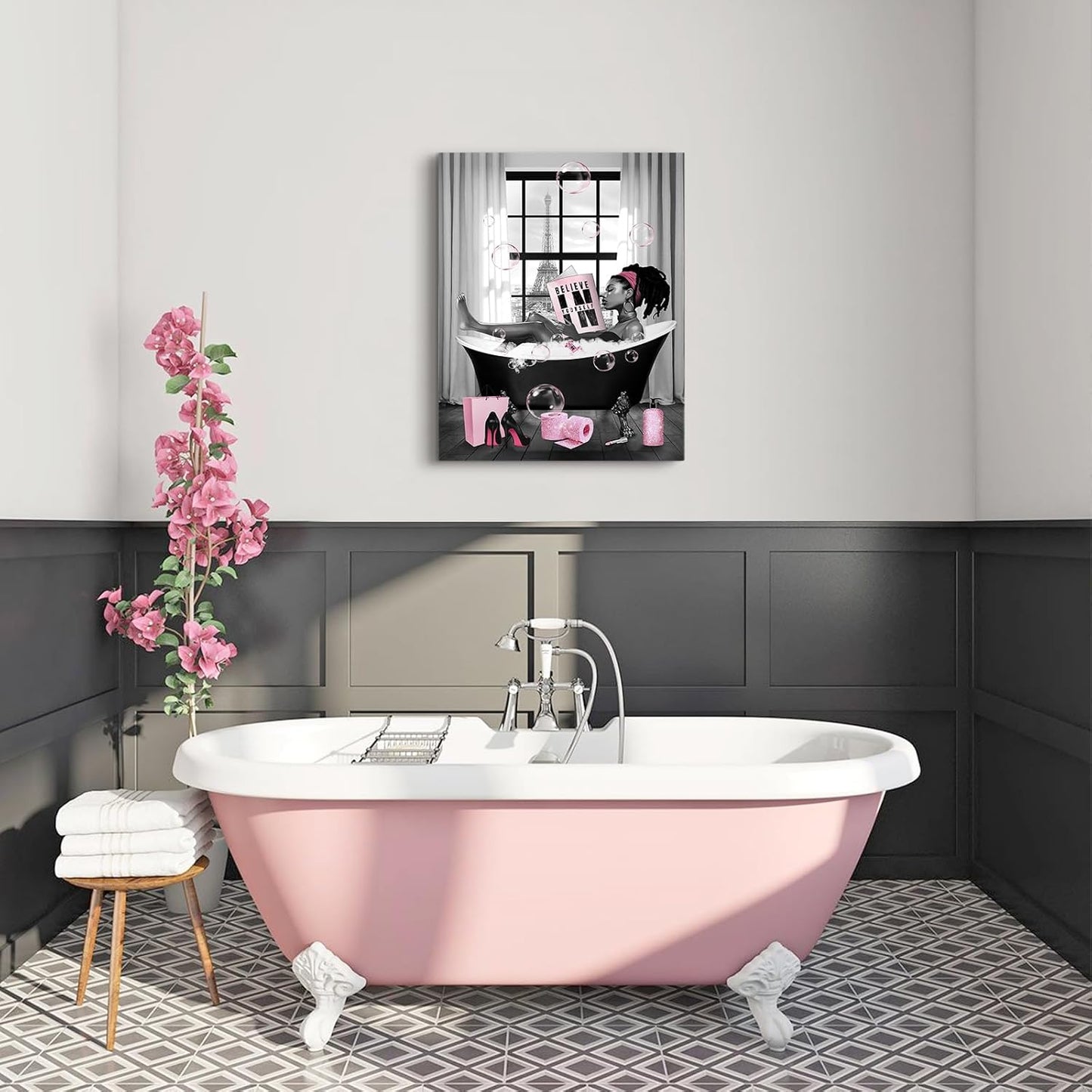 Ewozet African American Women Bathroom Wall Art Decor Black Girl Reading Lying in the Bathtub Canvas Wall Decor Modern Pink and Black Girls Pictures Framed Artwork for Bathroom Bedroom Living Room