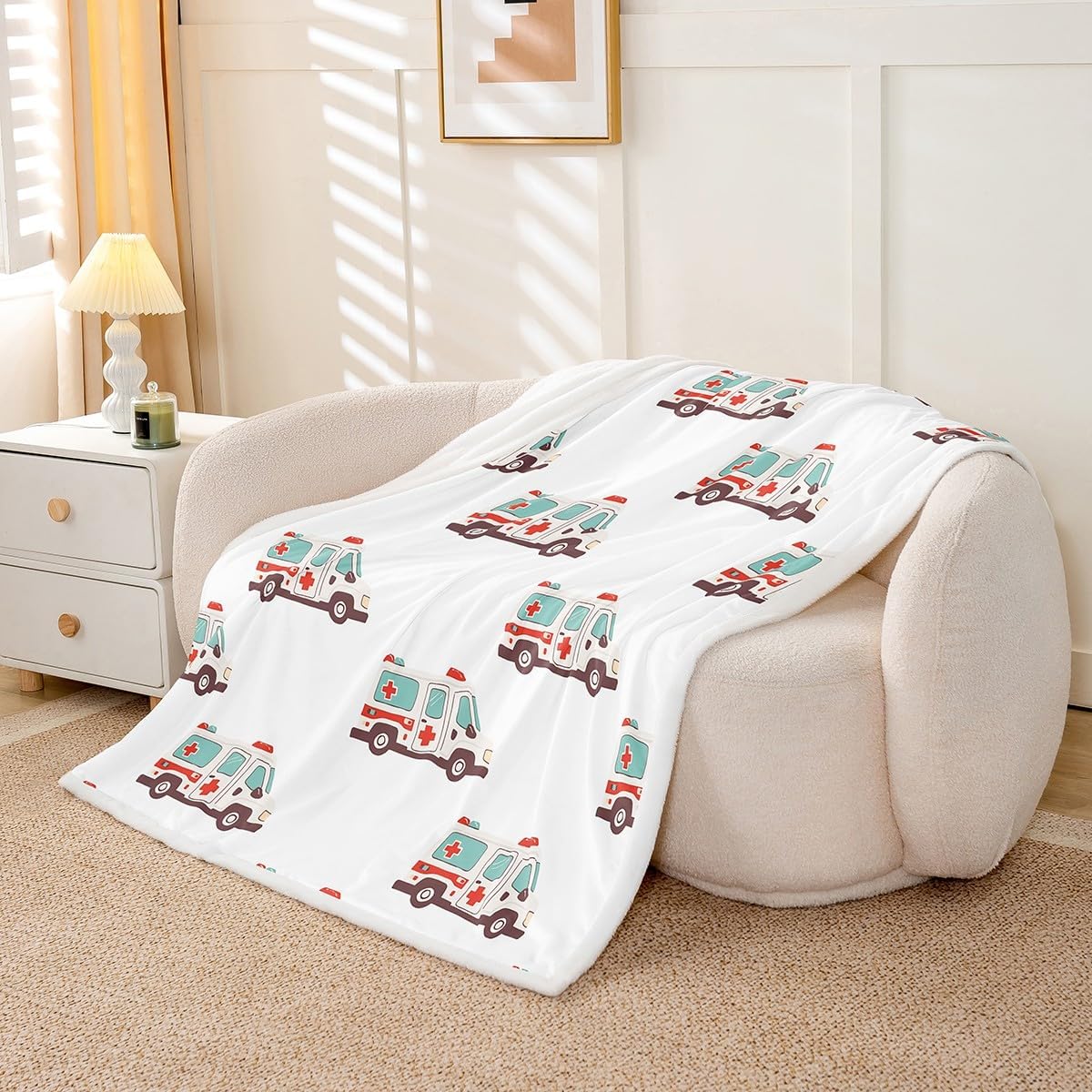 Feelyou Cartoon Ambulance Sherpa Blanket Car Fleece Throw Blanket Decor Car Plush Blanket Microfiber Emergency Responder Vehicles White Red Fuzzy Blanket Bedroom 40"x50"