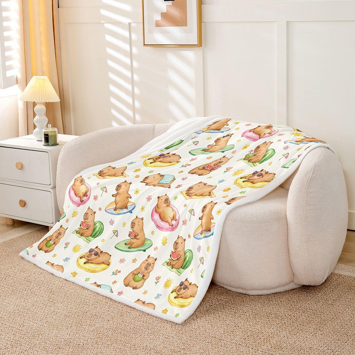 Feelyou Capybaras Sherpa Throw Blanket for Couch Beach Theme Super Soft Cozy Fleece Watermelon Blanket for Winter, Plush Throw Capybara Gifts Throw 50"x60" All Season