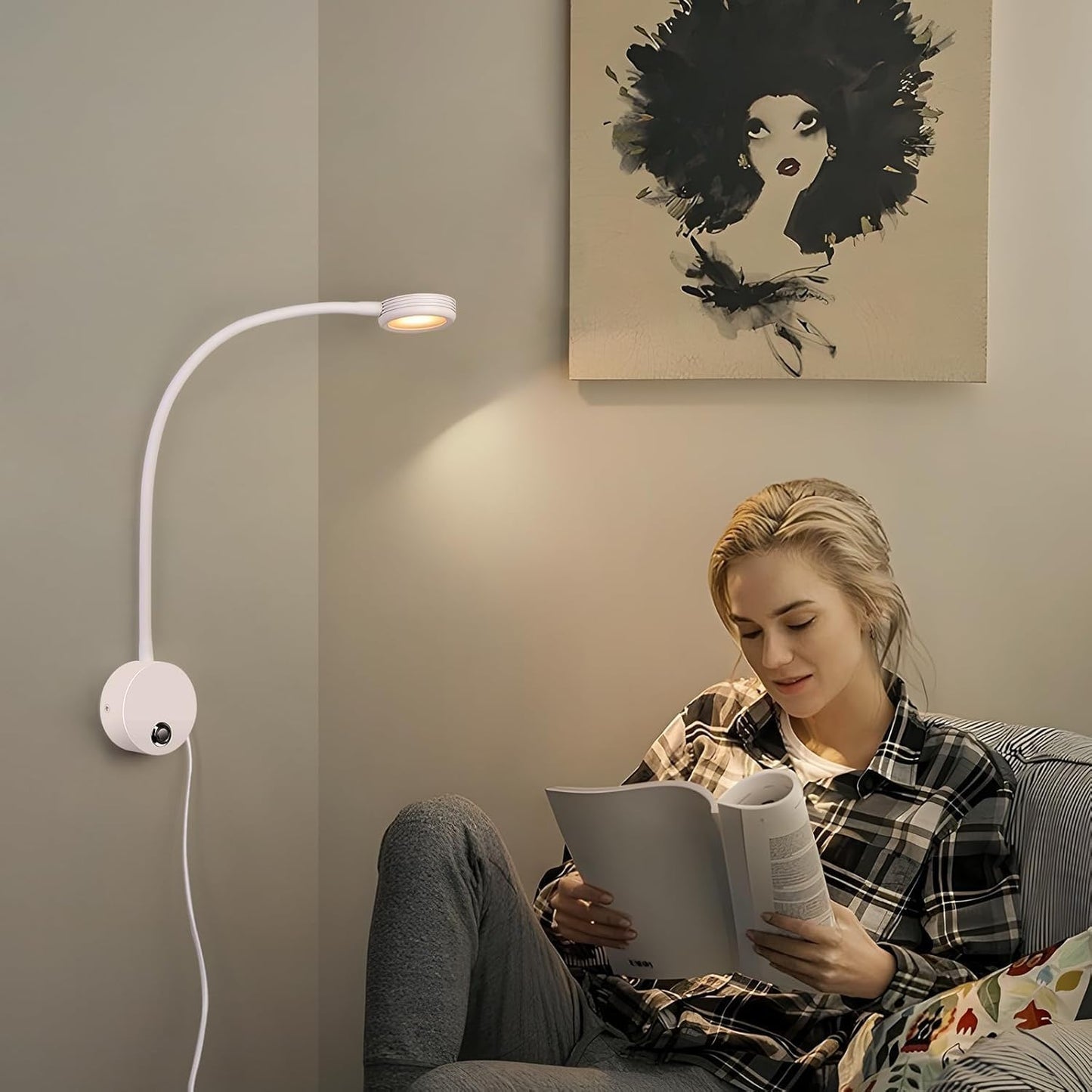 Dimmable LED Reading Lamps,Wall Mount Reading Lights for Bed Headboard,Flexible Gooseneck with Touch Dimmer Plug in Wired Sconce,3 Color Modes,10 Brightness Leves, USB Output(5V 2A), White 1 Pack