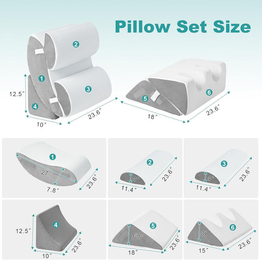 Hansleep Bed Wedge Pillow Set for After Surgery 6PCS, Post Surgery Pillow for Sleep Apnea and Acid Reflux Relief, Adjustable Reading Pillows Back Support with Memory Foam, White, 23"