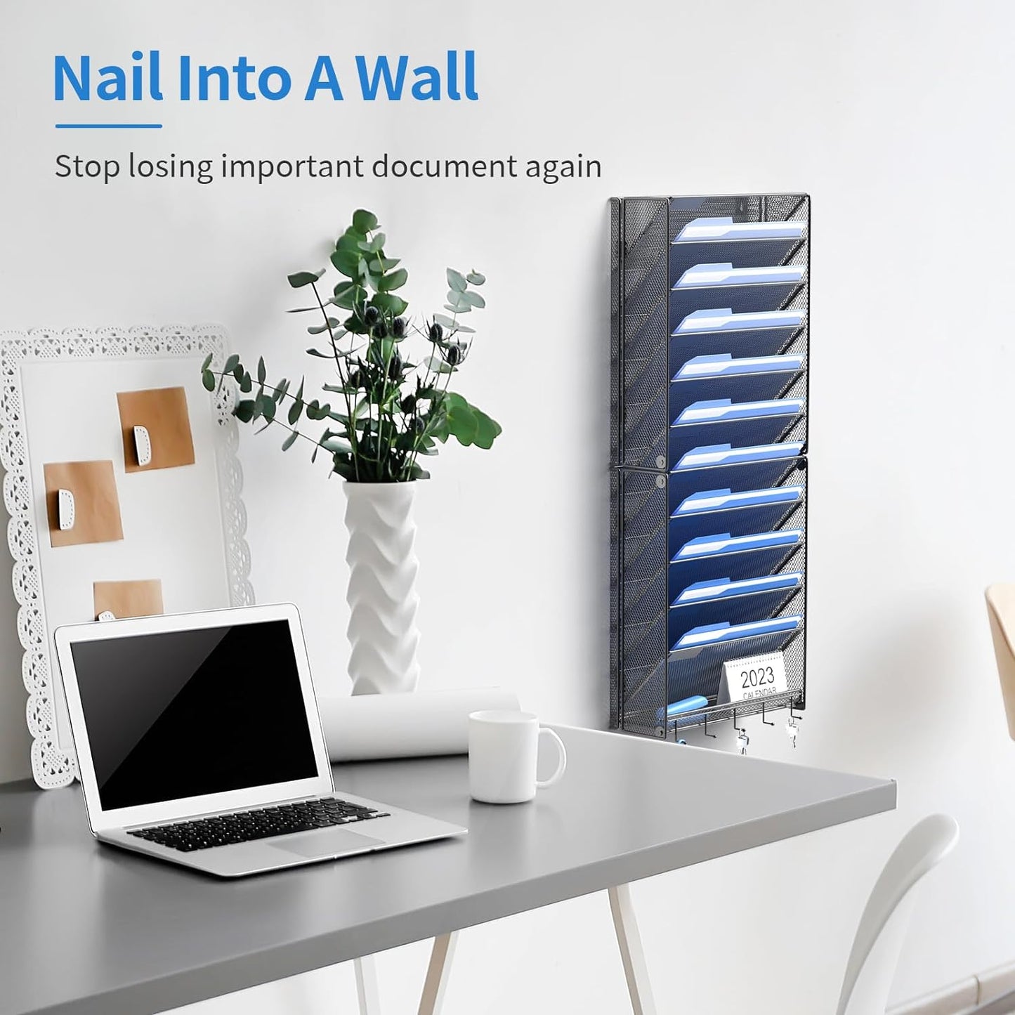OUTWOLF Hanging Wall File Organizer with Hooks, 12 Tier Vertical Wall Mount File Holder, File Folder Wall Organizer for Office