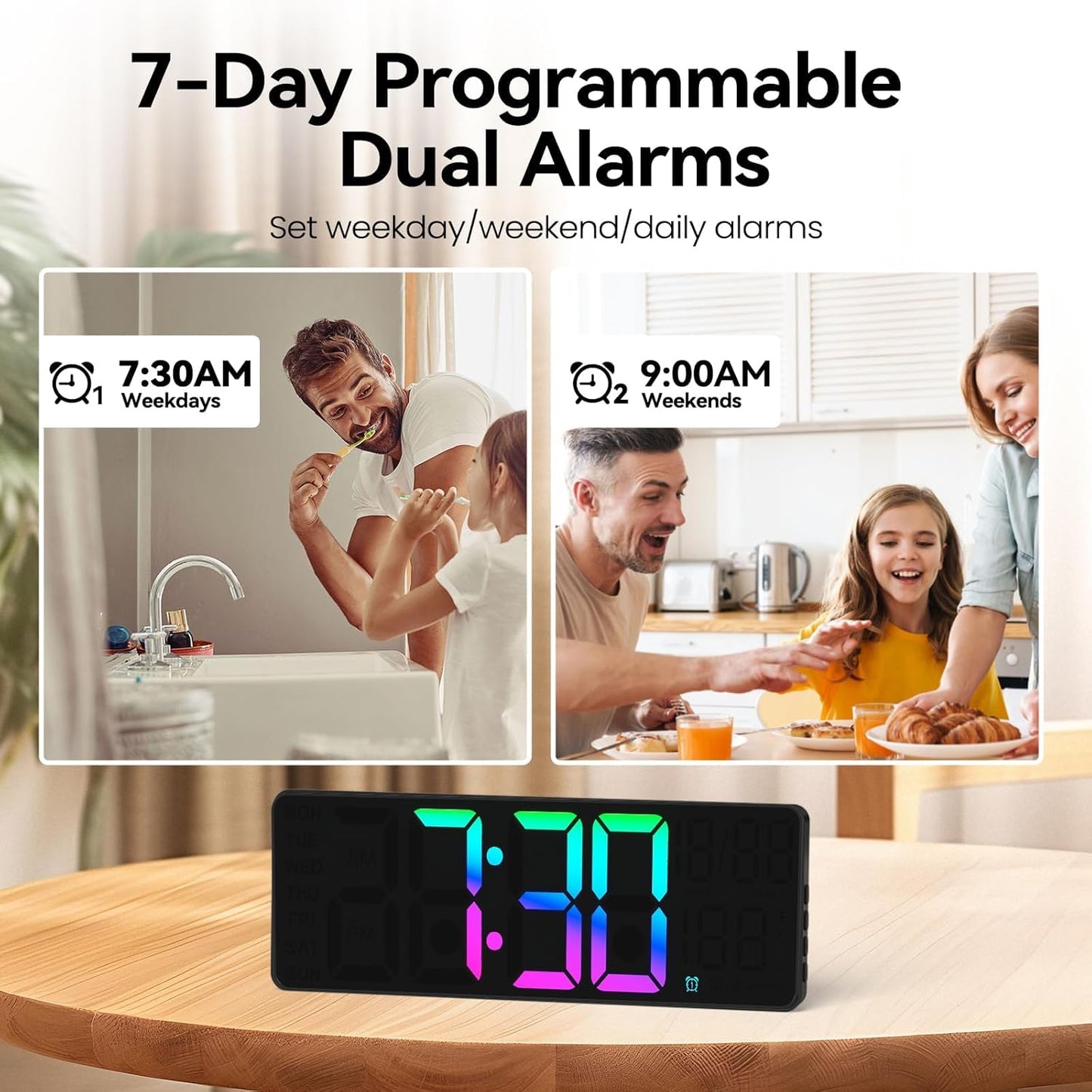 13" Digital Wall Clock with Night Light,8 RGB Color,Dual Alarms with Large Display, Dimmer, Auto DST, Voice Control, Auto Time Sync,Remote Control for Living Room Bedroom,Gift for All Ages
