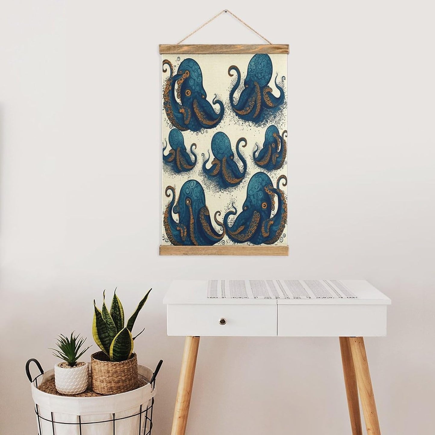Vintage Tentacles Octopus Poster with Wooden Frame Personalized Linen Hanging Scroll Painting Rustic Wall Hanging Illustrative Modern Artwork Decor for Home Living Room Bedroom Office