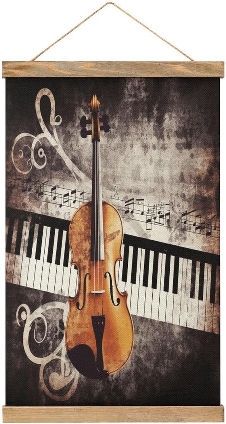 Vintage Piano Violin Music Notes Poster with Wooden Frame Personalized Linen Hanging Scroll Painting Rustic Wall Hanging Illustrative Modern Artwork Decor for Home Living Room Bedroom Office