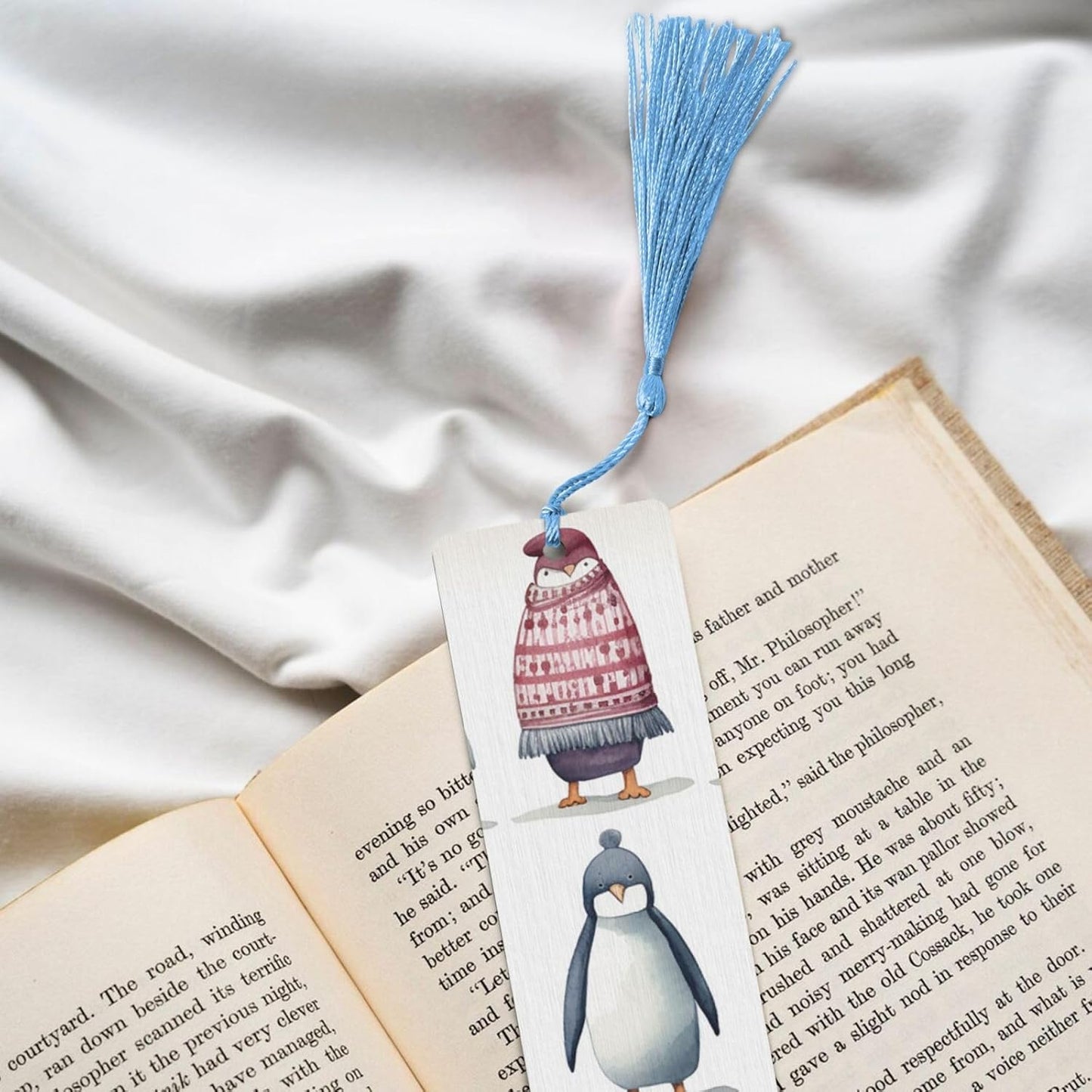 Penguin Wearing Clothes Bookmarks Gifts for Women Men, Wooden Bookmarks for Book Lovers, Vintage Book Marks Ornaments with Tassel, Unique Personalized Reading Page Markers Sky Blue