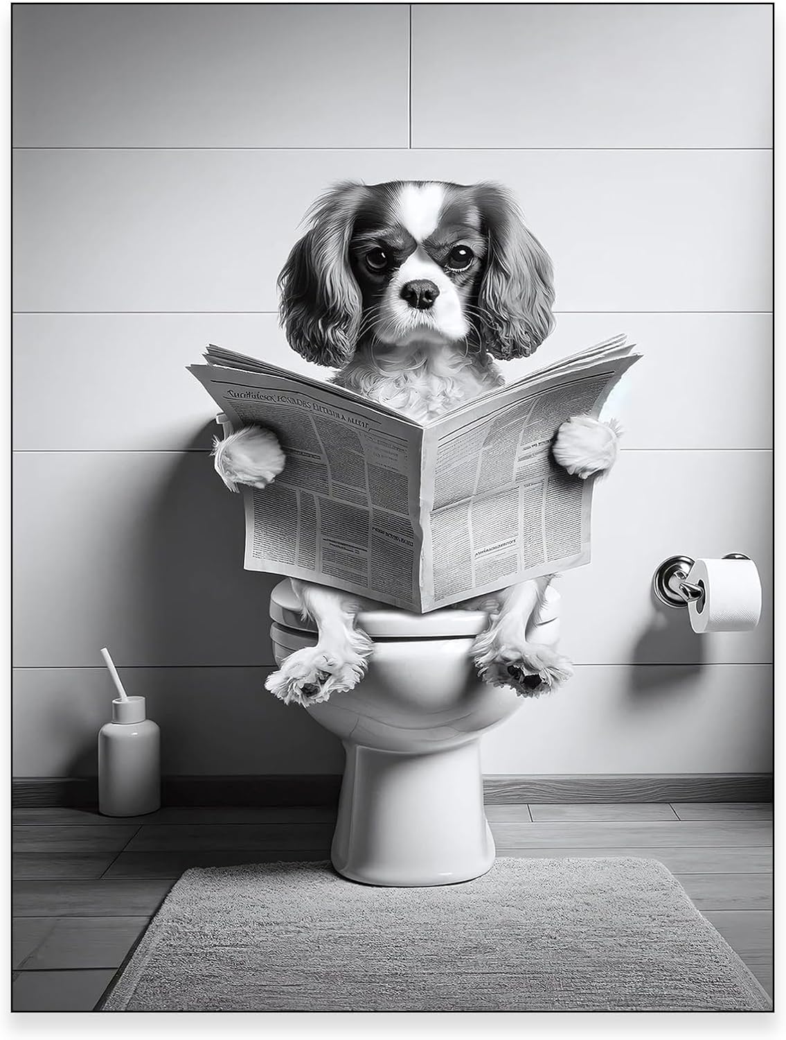 Funny Bathroom Dog Wall Art Black and White Animal Pictures Print Cavalier King Charles Spaniel Reading Newspaper Poster Artwork Decor 8x10in Unframed for Bathroom Restroom Home
