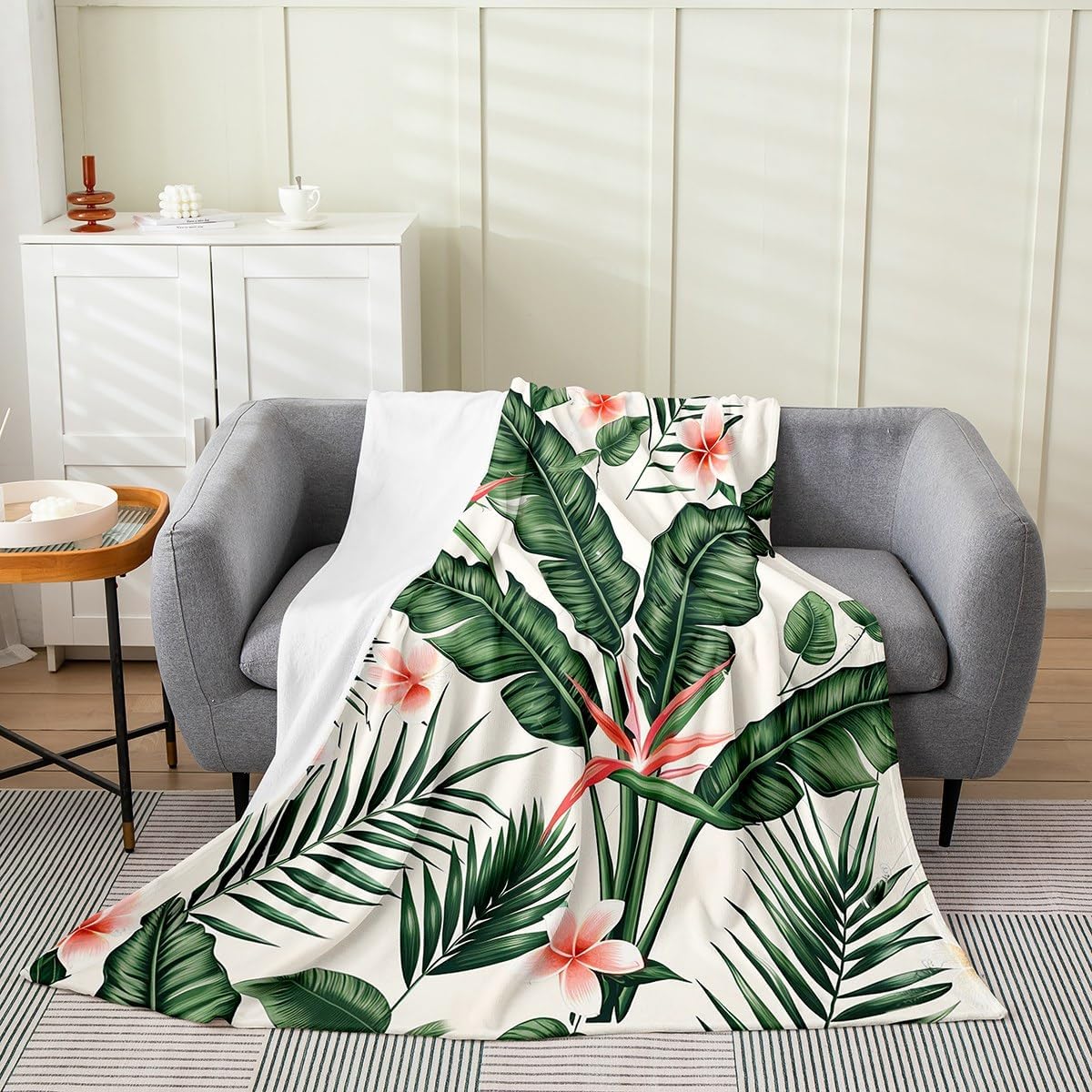 Feelyou Tropical Palm Leaves All Season Bed Blanket Nature Theme Floral Flower Leaf Pattern Flannel Fleece Throw Blanket for Sofa Couch Botanical Leaf Green Fuzzy Blanket Queen 90"x90"