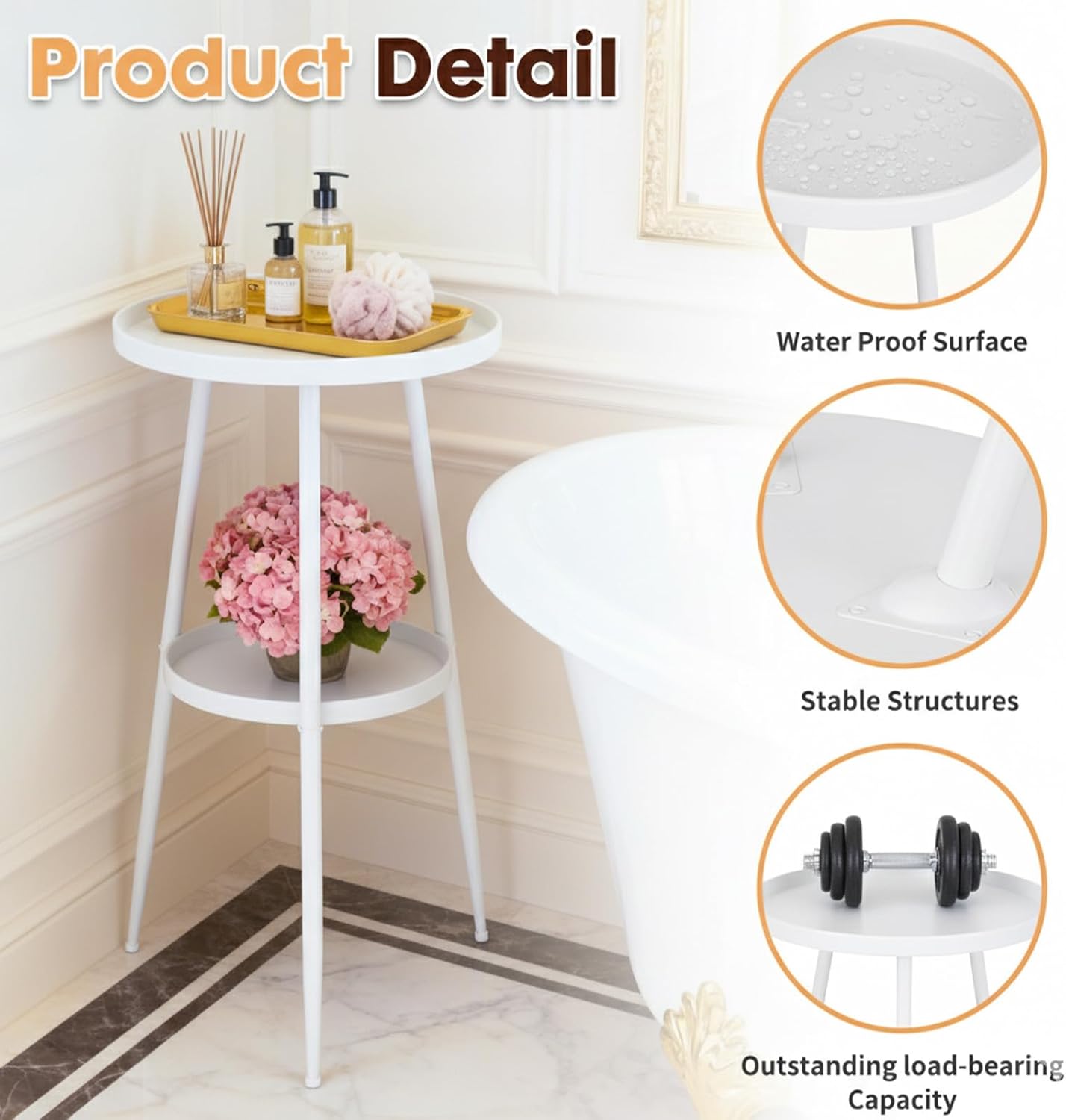 ShellKingdom Small Round Side Table, 2 Tier Metal End Table for Indoor Outdoor Bedroom Living Room Home Office Nightstand (White)