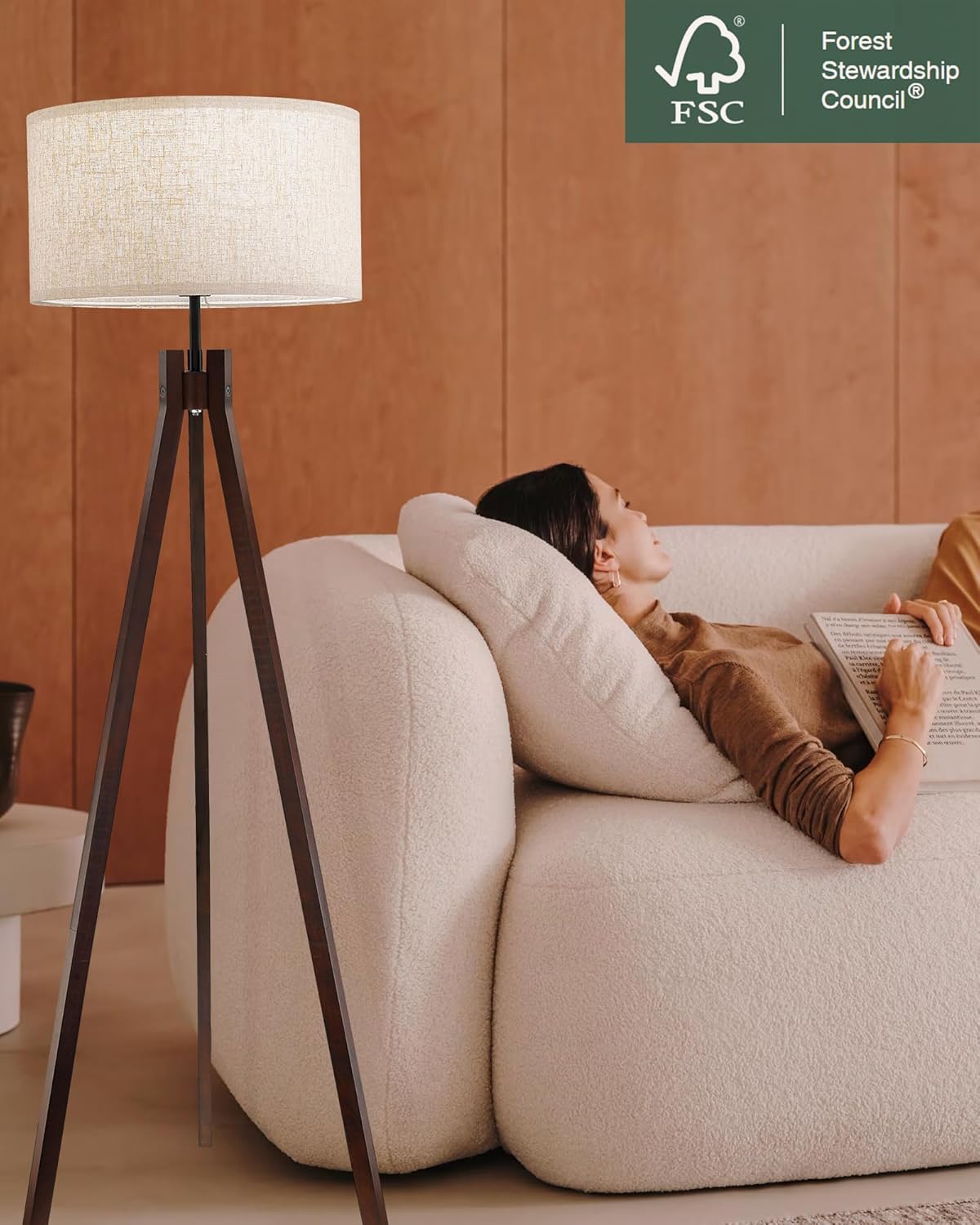 ELYONA Wood Tripod Floor Lamp for Bedroom, 3 Color Temperatures & Linen Shade, Modern Reading Standing Lamp with 9W LED Bulb, Mid Century Night Light for Farmhouse, Living Room, Office, Walnut