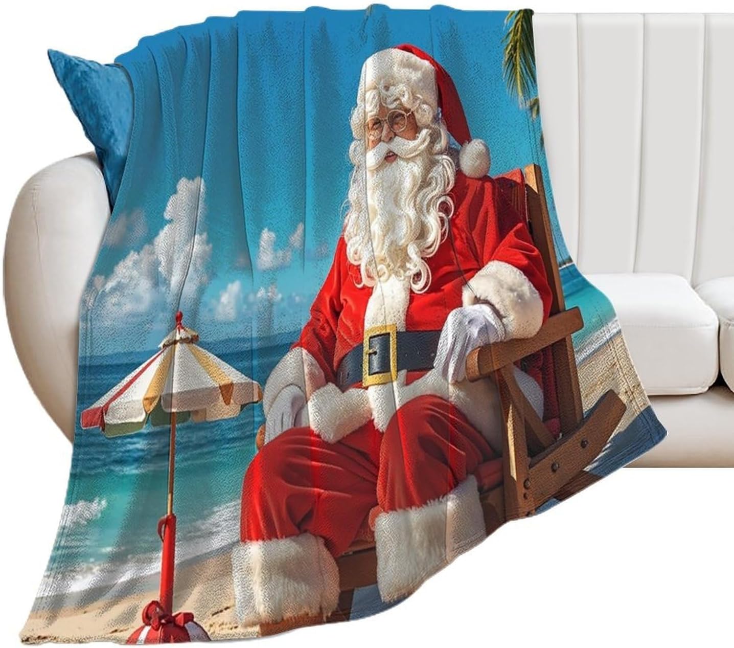 Santa Claus At Beach Blanket Super Soft Lightweight Throw Blanket Cute Cozy Warm Bed Blanket Decorative Fuzzy Blanket All-Season Home Decor Gift for Sofa Couch Living Room 50"*60"（130 * 150cm）