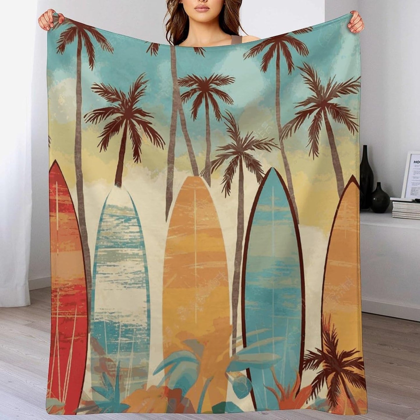 Surfboard Palm Tree Blanket Super Soft Lightweight Throw Blanket Cute Cozy Warm Bed Blanket Decorative Fuzzy Blanket All-Season Home Decor Gift for Sofa Couch Living Room 30"*40"（76 * 100cm）