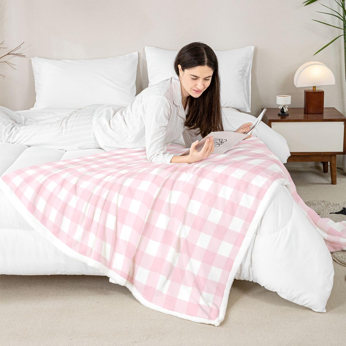 Feelyou Pink Plaid Throw Blanket Buffalo Check Soft Fleece Sherpa Cozy Fuzzy Plush Warm Colorful Grid Fuzzy Plush Throw Twin 60"x80" for Bed Couch Living Room