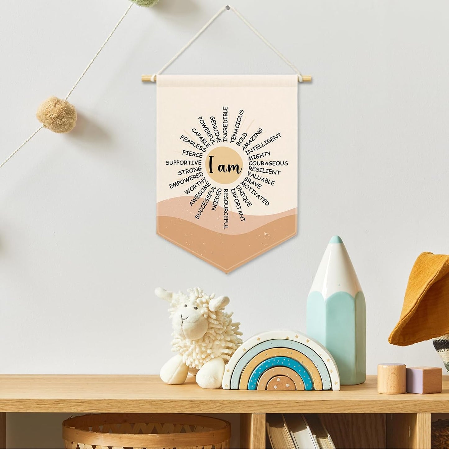 Boho Sun Inspirational Kids Room Decor, Nursery I Am Strong Amazing Banner Canvas, Positive Classroom Wall Hanging Frame Decor Art Pennant Flag for Playroom Toddler Room Preschool 11x15in
