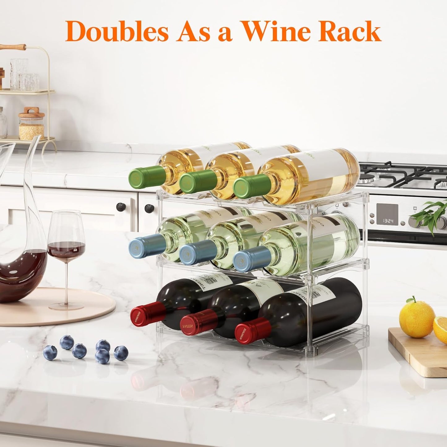 Lifewit Stackable Bottle Storage Organizer, Clear Freestanding Wine Holder for Cabinet, Large Slot Water Bottle Tumbler Cup Organizer for Pantry, Plastic Wine Rack for Fridge Cellar, 3Tier Hold 9