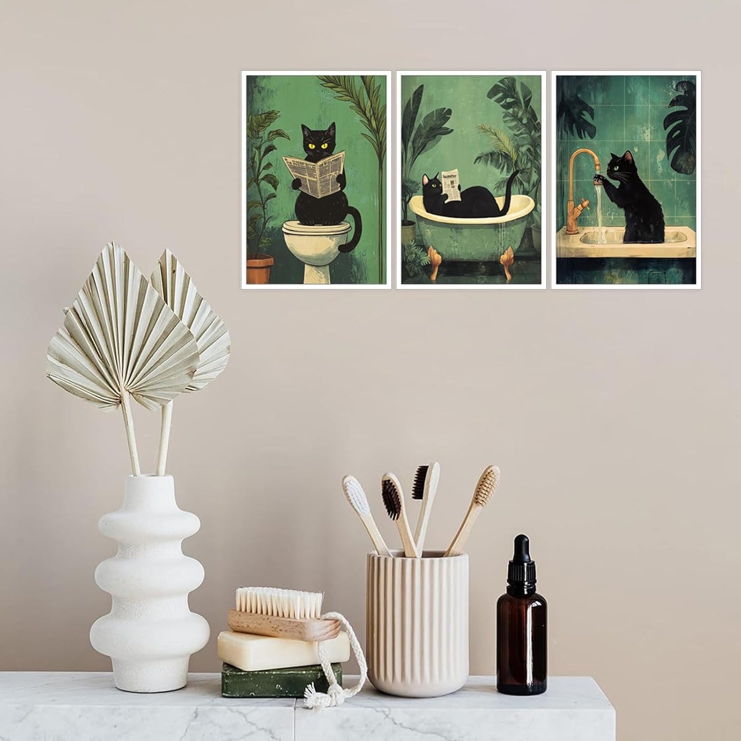 3pcs Funny Black Cat Bathroom Canvas Wall Art Cute Cat Wash Its Paws Reading Newspaper Poster Modern Abstract Green Aesthetic Animal Prints Painting For Bathroom Toilet Wall Decor 8x10in Unframed