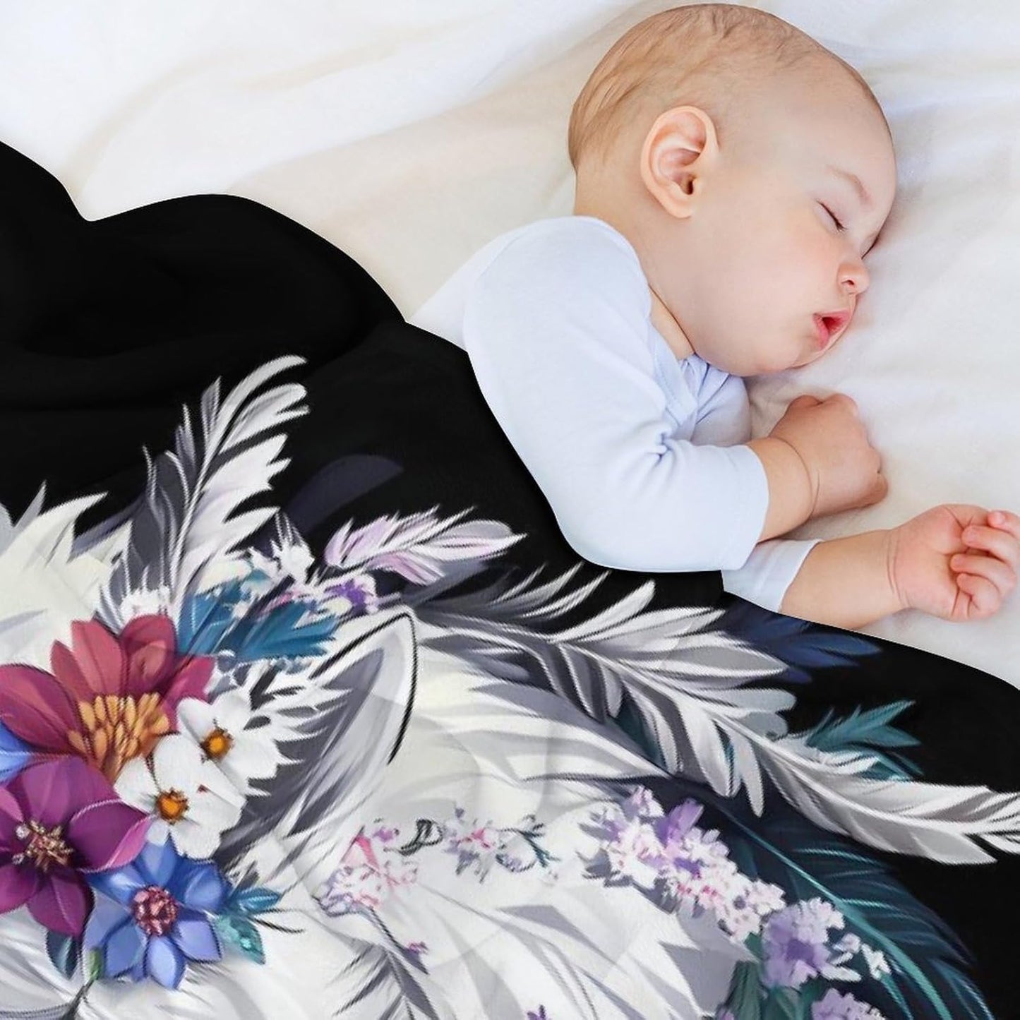 Flower Wolf Throw Blanket for Couch Bed Plush Cozy Fuzzy Flannel Blanket for All Season 55"x70"