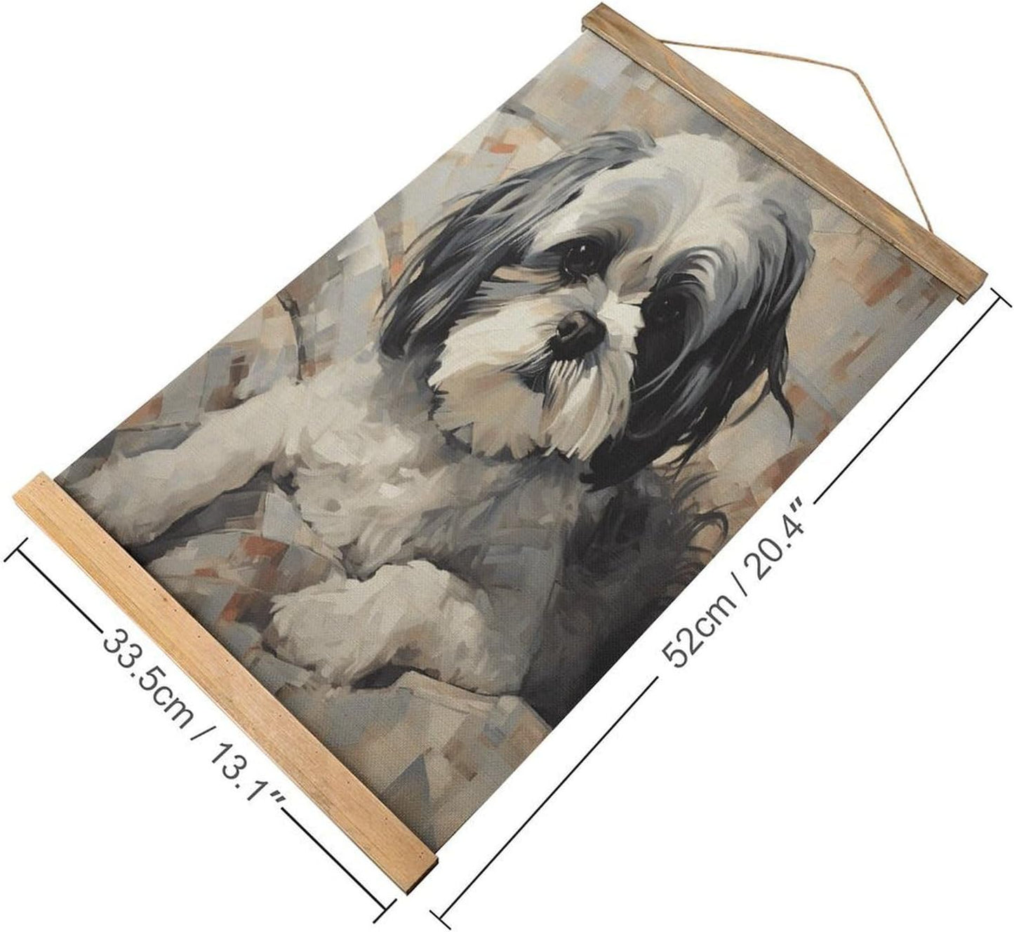 Vintage Shih Tzu Poster with Wooden Frame Personalized Linen Hanging Scroll Painting Rustic Wall Hanging Illustrative Modern Artwork Decor for Home Living Room Bedroom Office