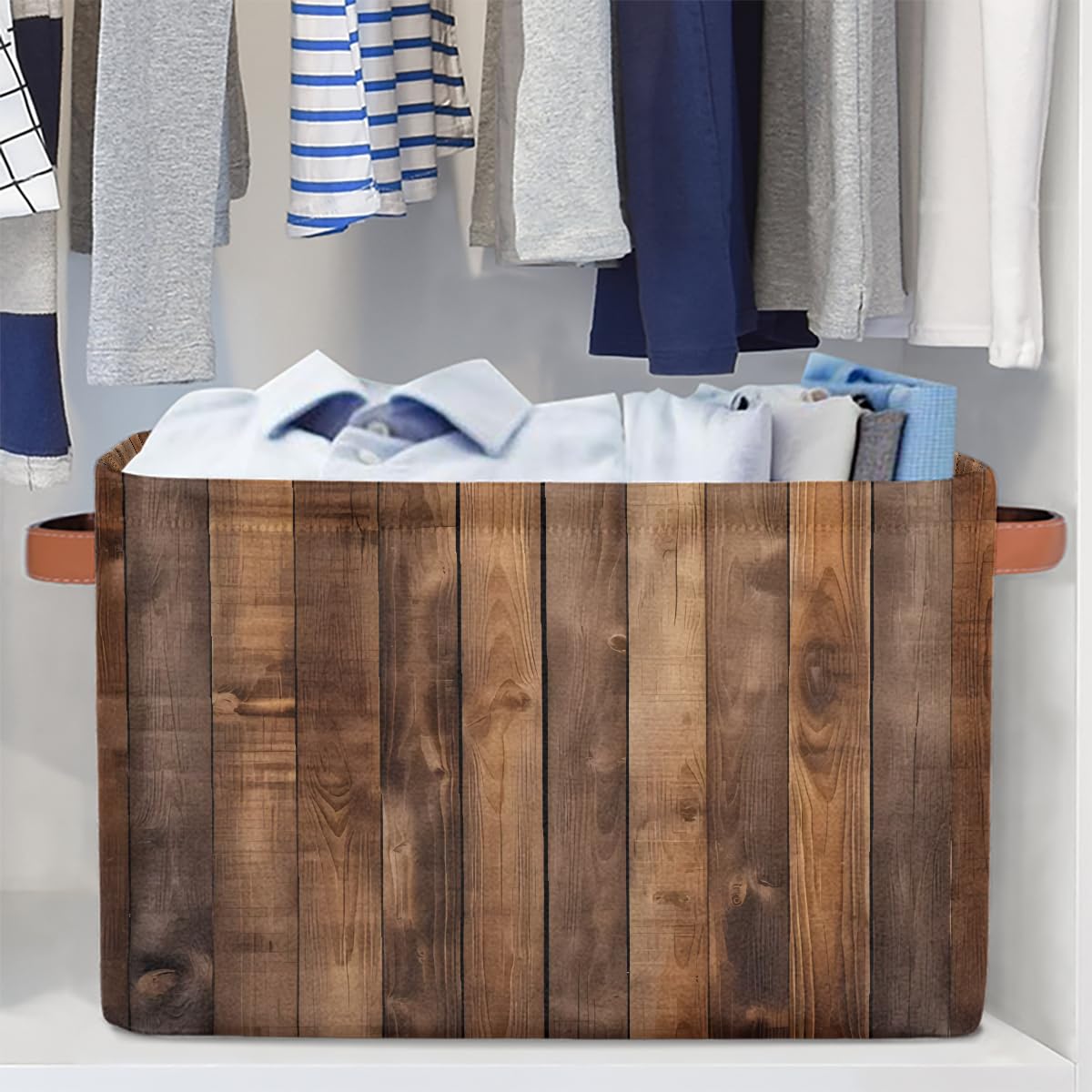 Rustic Wooden Board Storage Baskets for Organizing, Fabric Collapsible Storage Bins Box Retro Decorative Toy Organizer Baskets for Closet Shelves Gift Basket 1 Pc