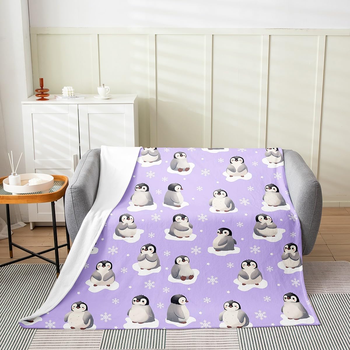 Erosebridal Purple Penguin Blanket Throw 50x60, Cartoon Animals Throw Blanket for Kids Boys Girls, Cute Winter Snowflakes Print Soft Fleece Blanket for Sofa Bed, Kawaii Snow All Seasons Fuzzy Blanket