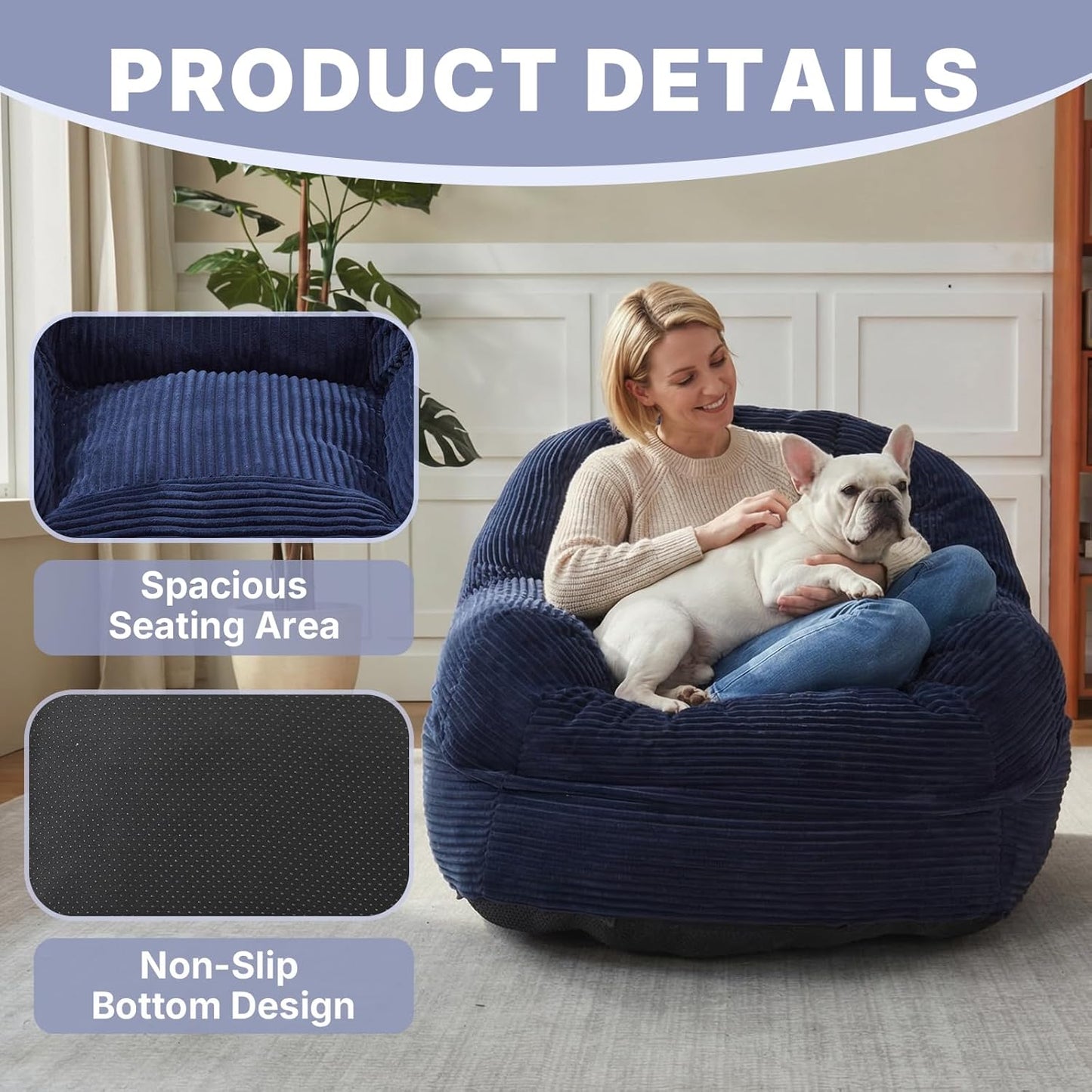 Giant Bean Bag Chair for Adults and Teens, Corduroy Large Bean Bag Chairs with Armrests, Adult BeanBag Sofa Couch Chairs with Filler, Comfy Reading Chair Floor Sofa for Gaming, Napping