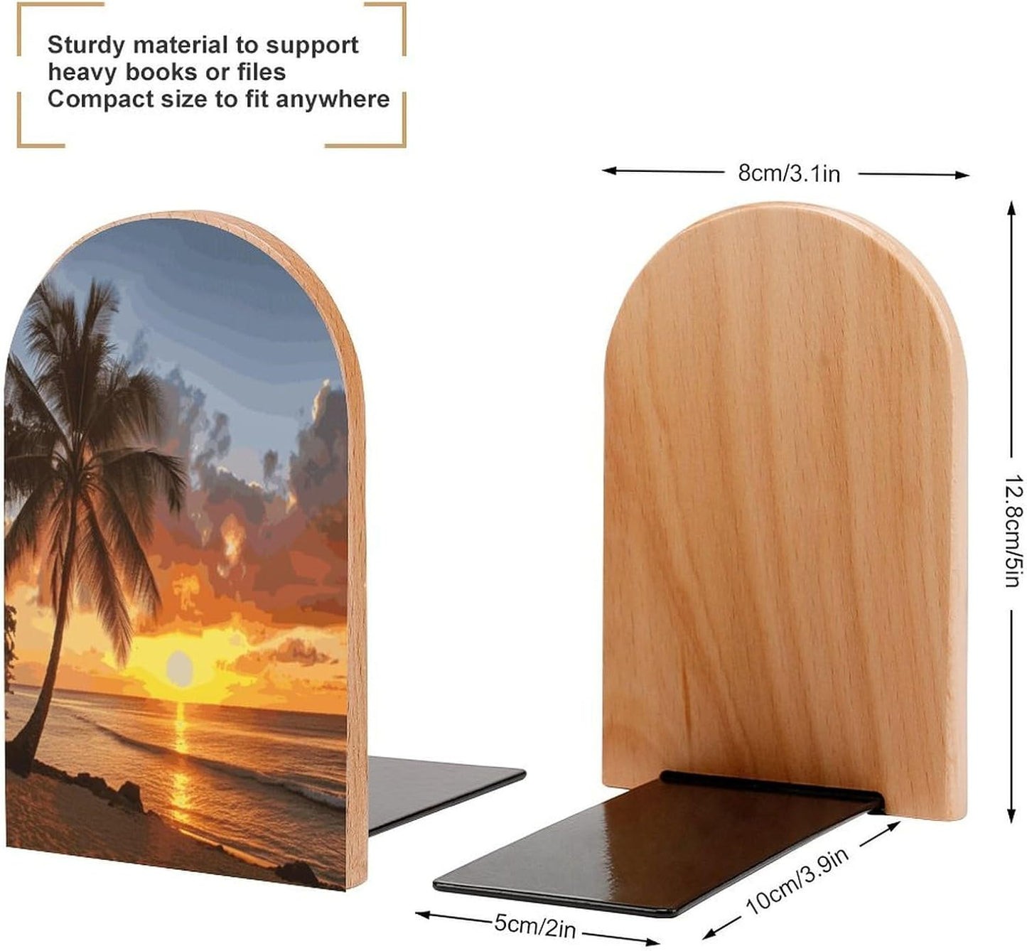 Sunset Hawaiian Palm Tree Bookends 1 Pair Heavy Duty Book Ends for Shelves Non-Skid Bookend Supports Wooden Book Holders with Metal Base Desk Organizers Books Storage to Hold Books