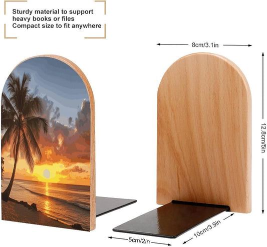 Sunset Hawaiian Palm Tree Bookends 1 Pair Heavy Duty Book Ends for Shelves Non-Skid Bookend Supports Wooden Book Holders with Metal Base Desk Organizers Books Storage to Hold Books