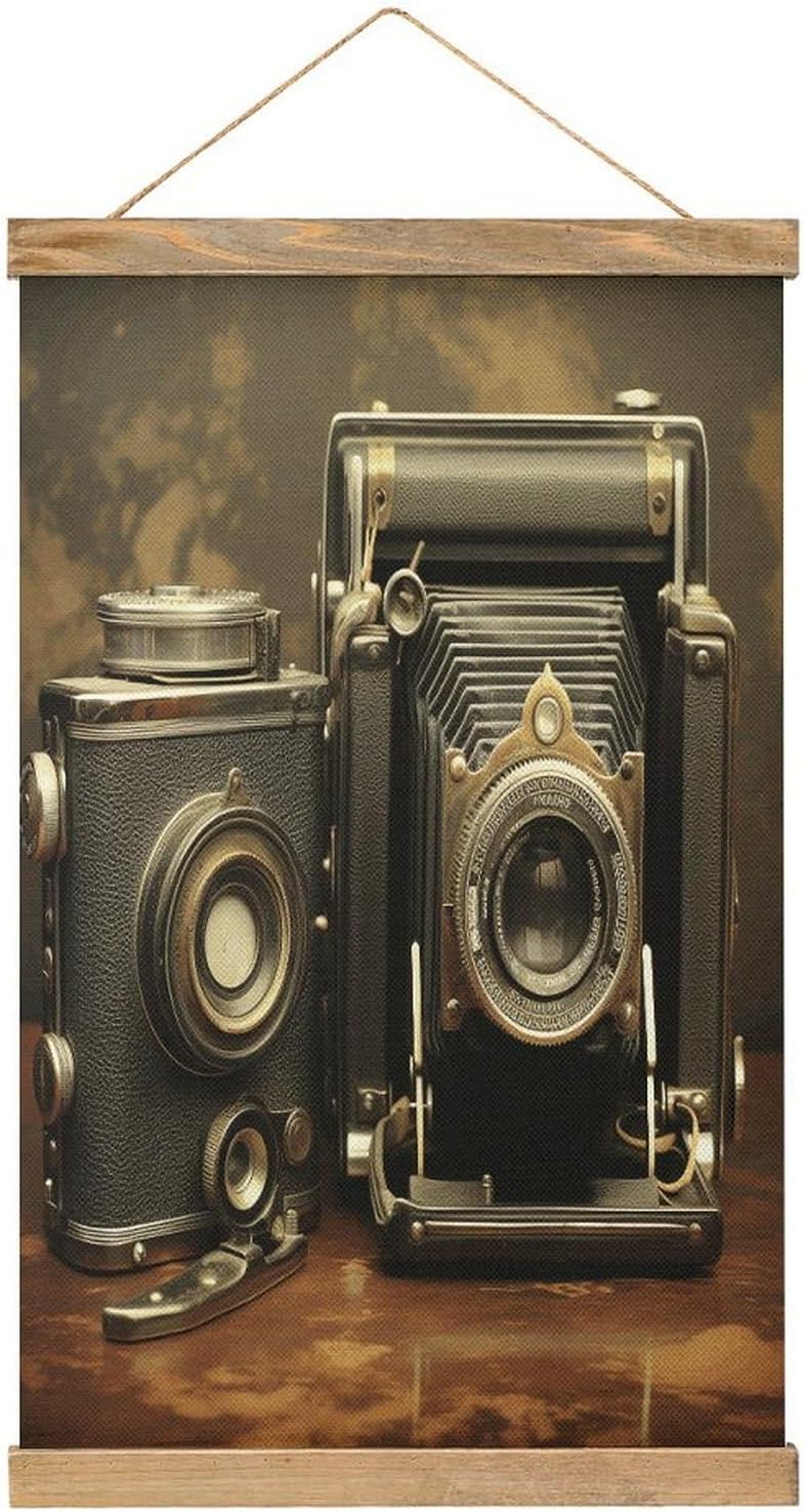 Vintage Old Camera Poster with Wooden Frame Personalized Linen Hanging Scroll Painting Rustic Wall Hanging Illustrative Modern Artwork Decor for Home Living Room Bedroom Office