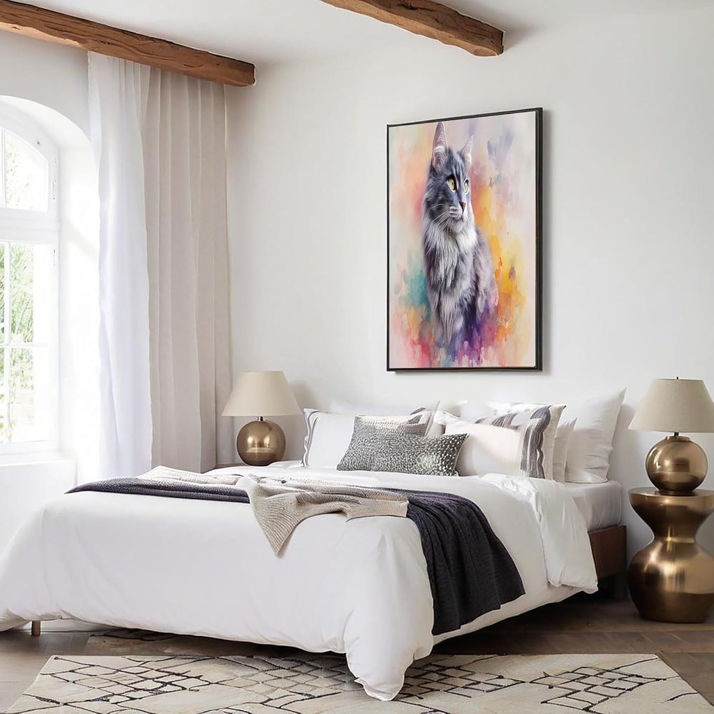 GDJSMIN Digital Airbrush Style Wall Art, Watercolor Beautiful Gray Cat Poster for Reading Room Living Room Decor 16x 24 inch Unframed