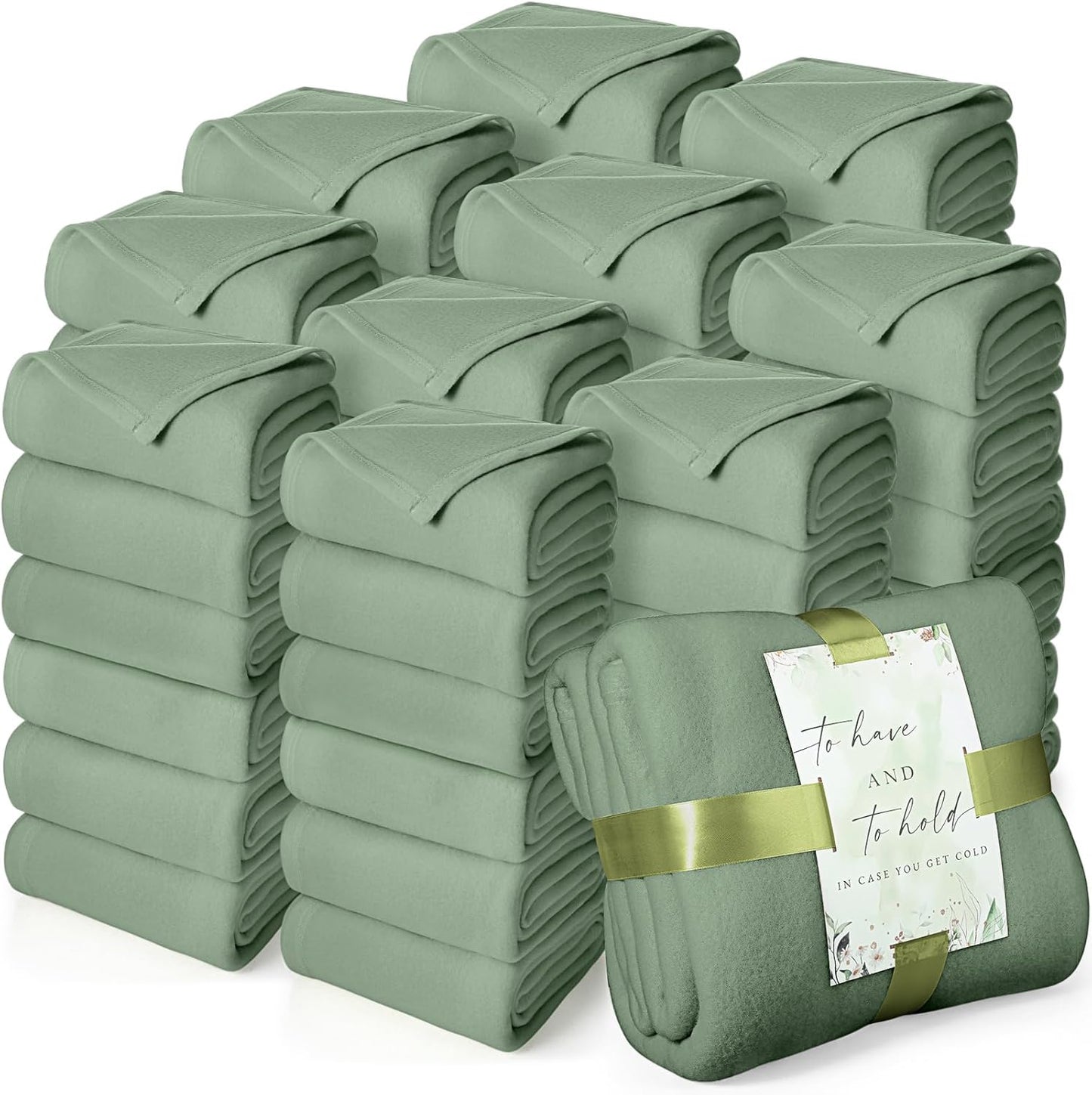 Buryeah 60 Pack Oeko-Tex Certified Wedding Flannel Throw Blanket Bulk 50 x 60 Inch Soft Fleece Lap Blanket with Thank You Cards Ribbon for Guests Sleepover Spa Slumber Gifts (Sage Green)