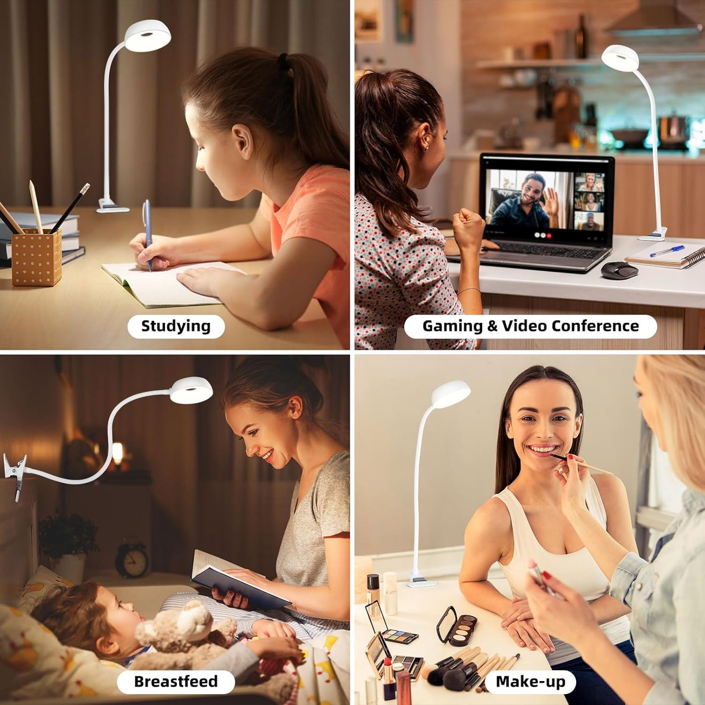 Clip on Lamp 10-Level Dimming & 5 Color Modes LED Book Light, Flexible Reading Light with Clamp for Beds, Desks, Table, Headboards, Dorm- Eye-Friendly Clip on Night Light for Kids/Adults (White)