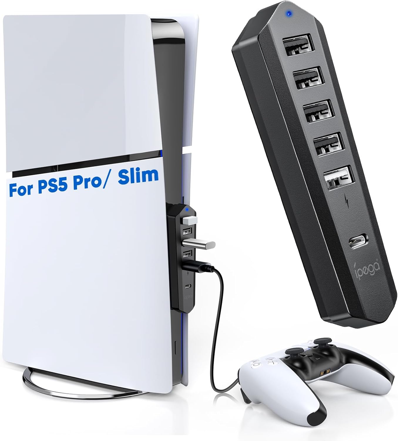 6 Ports USB Hub Only for PS5 Pro/Slim Console Disc ＆ Digital, High-Speed Extra USB Port Extender for PS5 Slim Pro Accessories, Charging Adapter with 1 Type C 3.0 + 4 USB-A 2.0 + 1 Port