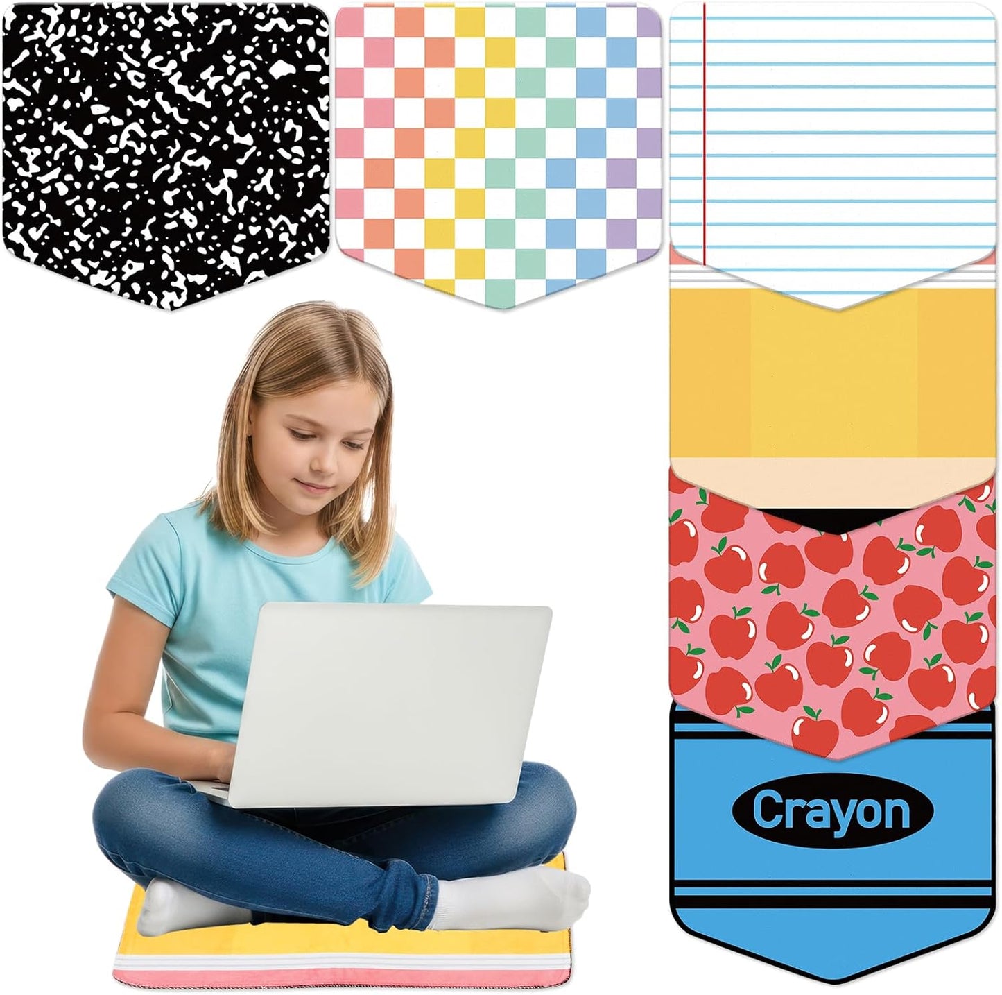 JarThenaAMCS 12Pcs Back to School Carpet Seats Crayon Composition Notebook Apples Checkered Pencil Floor Rug Mats for Classroom Group Activity Learning Play Areas