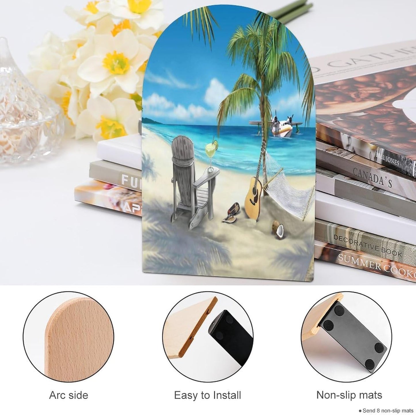 Guitar on The Beach Wooden Bookend Non-Slip Book Ends Heavy Duty Book Stopper with Metal Base Books Holderd Decorative Bookends Stands Firmly for Office Supplies