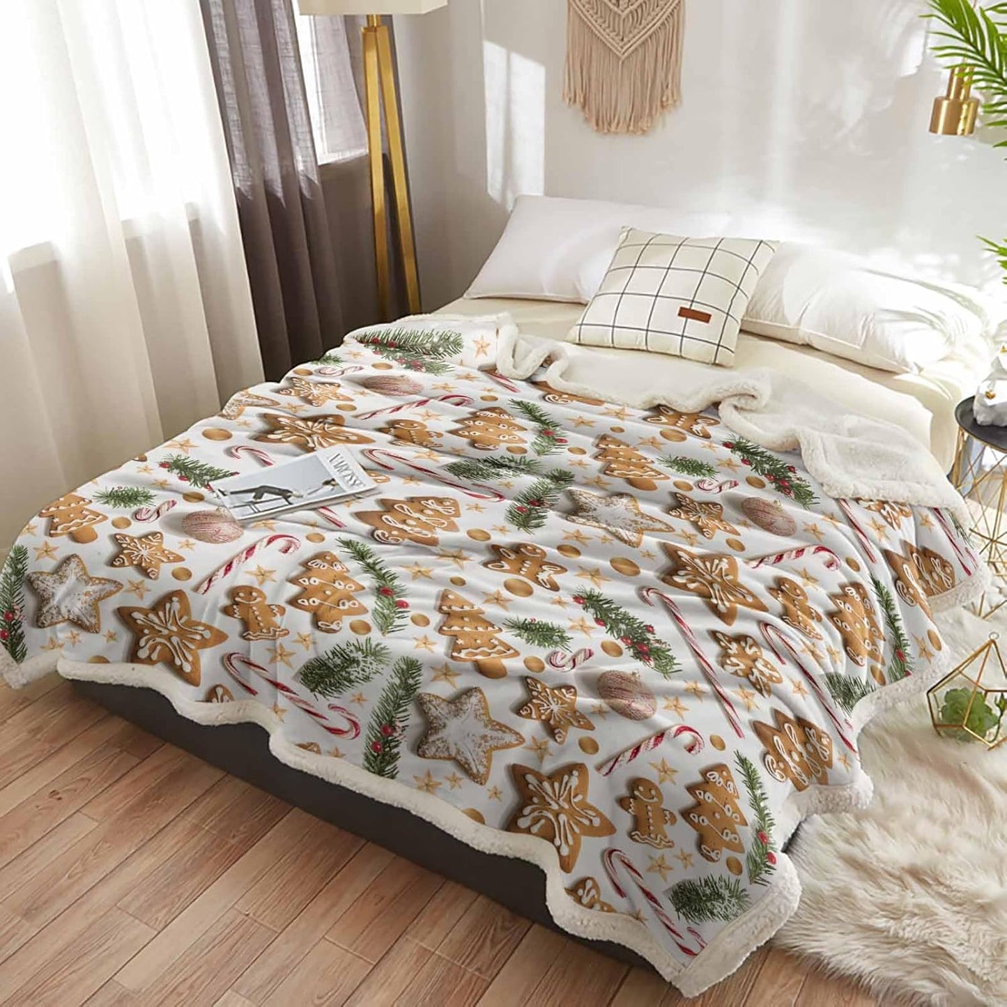Christmas Sherpa Blanket Gingerbread Man Sherpa Throw Blanket Soft Cozy Fuzzy Brown Biscuit Leaf Branch Star Fleece Flannel Plush Blankets Warm Throw Blankets for Couch Sofa Bed 40" x 50"