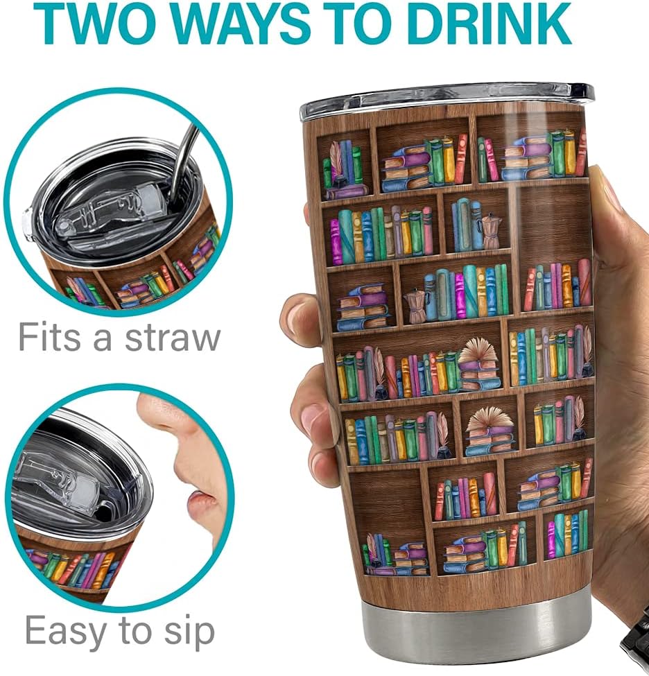 SANDJEST Book Lovers Tumbler Bookshelf 20oz Tumblers with Lid Gift for Librarian Book Lover Women Readers Bookworm Christmas Holiday Birthday