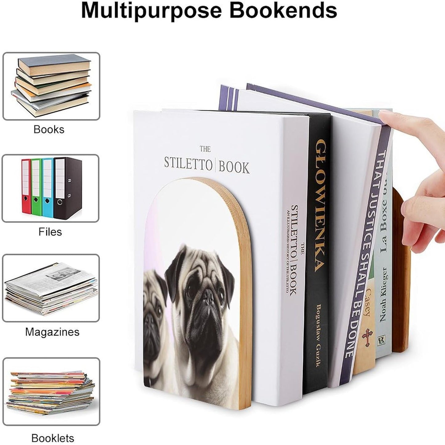 Pug Dog Bookend for Shelves Wooden Book End Large Size Sturdy Book Holders Stoppers with Metal Base for Bookshelves Slick Decorative Bookends Stands