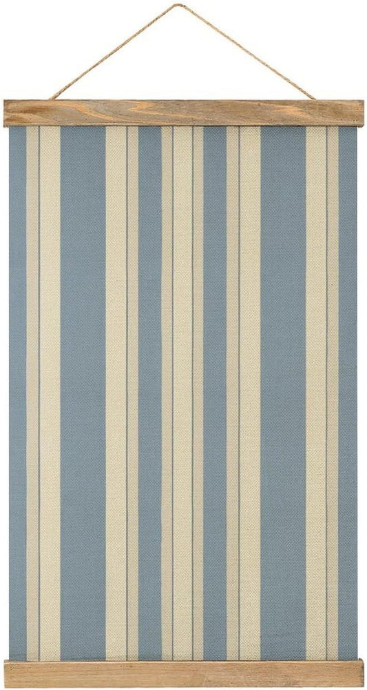 Vintage Blue Beige Stripe Poster with Wooden Frame Personalized Linen Hanging Scroll Painting Rustic Wall Hanging Illustrative Modern Artwork Decor for Home Living Room Bedroom Office