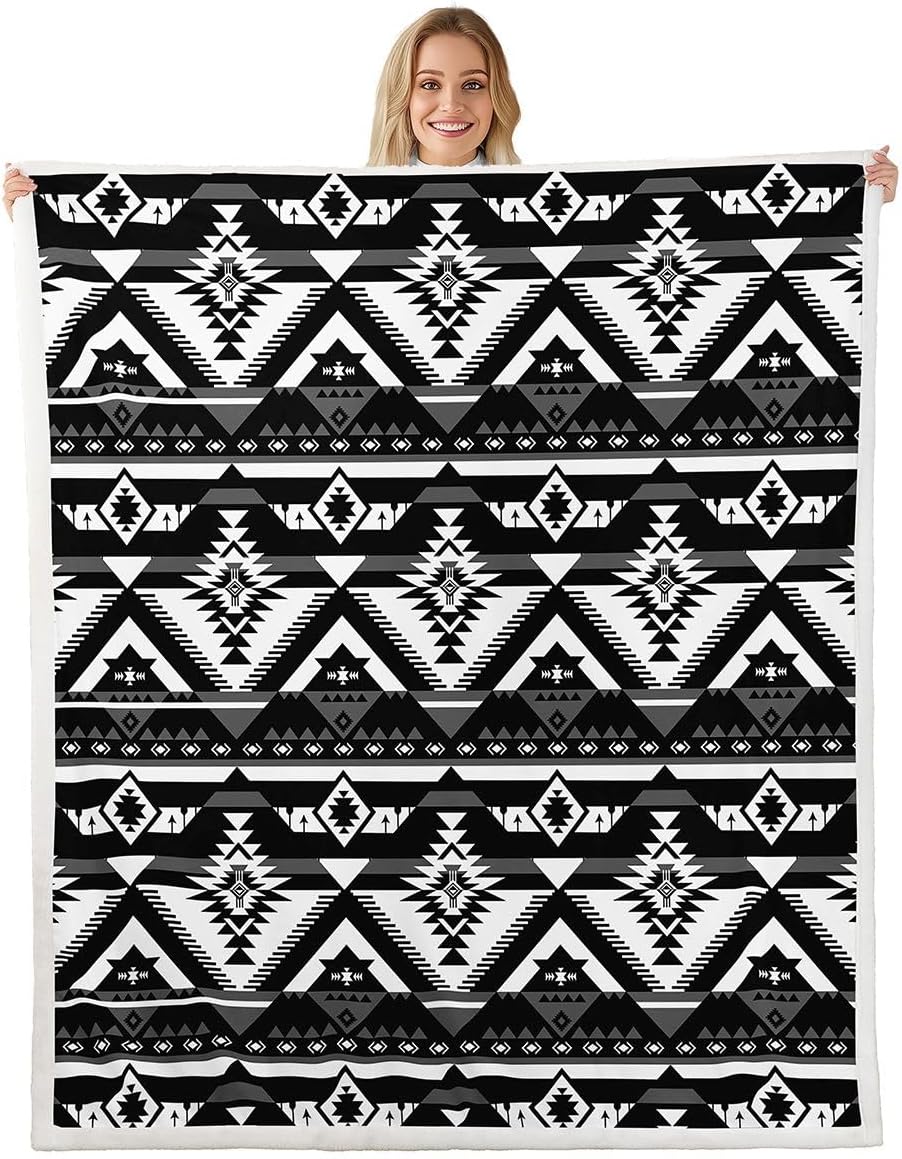 Feelyou Western Sherpa Throw Blanket for Couch Southwestern Aztec Super Soft Cozy Fleece Geometric Vintage Blanket for Winter, Plush Throw Boho Tribal Throw 50"x60" Black and White All Season