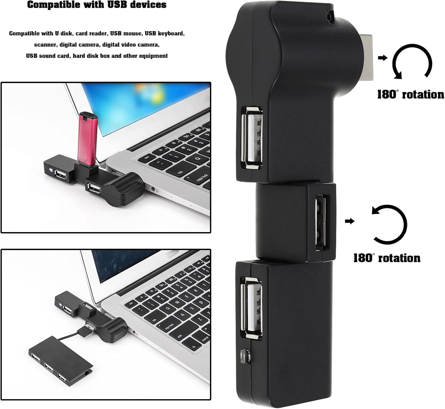 Create idea 4 Port 180 ° Rotation USB Extender Hub 4 Port USB Hub Power Adapter Mini USB 2.0 Hub 4 Port USB Hub Accessories for Mouse Keyboards Card Readers 5V 500mA