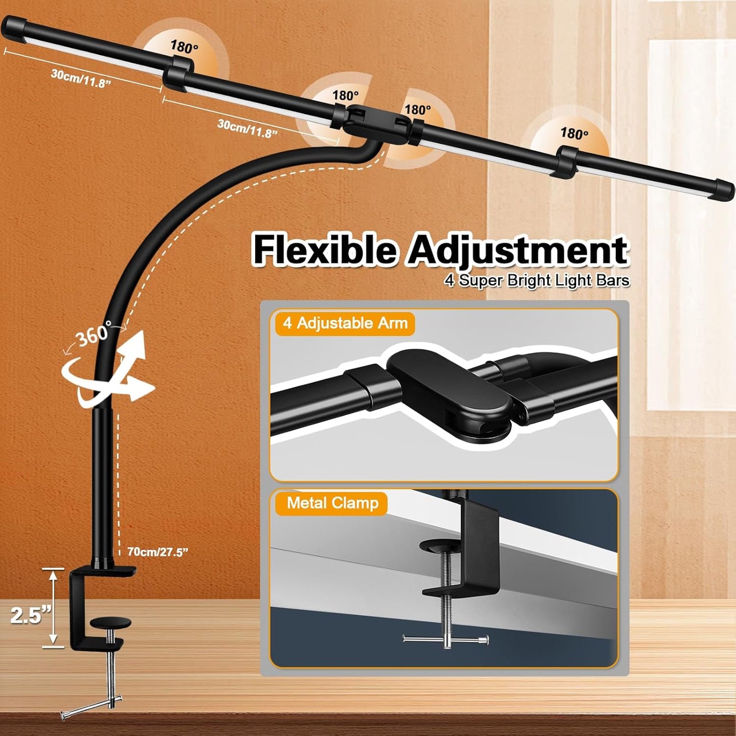 LED Desk Lamp for Home Office, 24W Bright Office Desk Lamp with Desktop Dimmer, 46" Multi-Screen Computer Monitor Architect Clamp Desk Light, Color and Dimming LED Table Light for Work Study