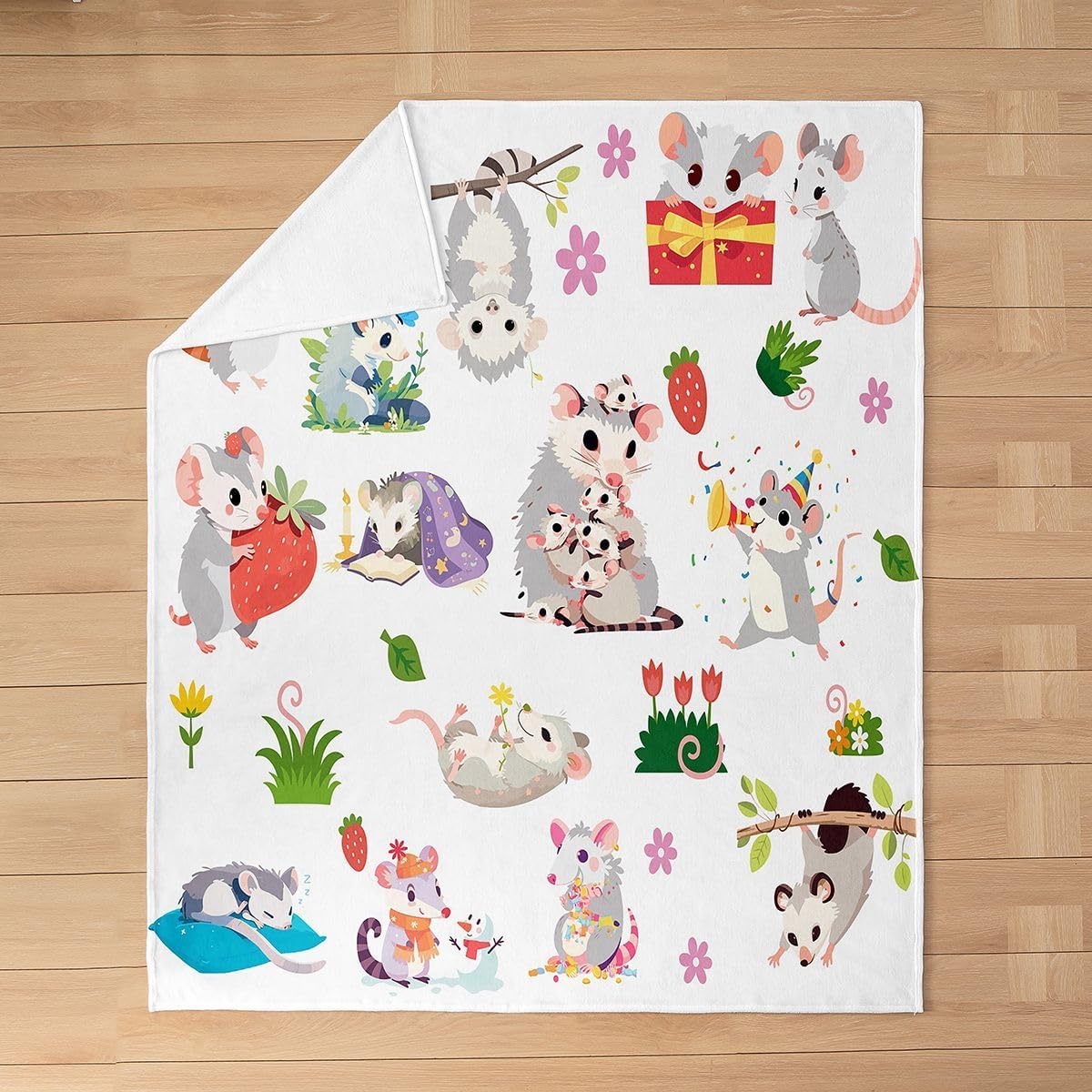 Feelyou Opossum Flannel Throw Blanket Baby 30"x40" Kids Possum Gifts Plush Blanket for Boys Girls Possums Decor Fleece Throw Blanket Cartoon Possum Stuffed Animal Fuzzy Blanket Plush Blanket