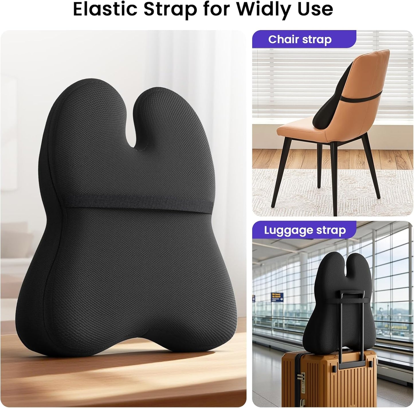Lumbar Support Pillow for Office Chair - Memory Foam Office Chair Back Support - Ergonomic Lumbar & Back Support Pillow with Strap, Machine Washable Cover (Black)