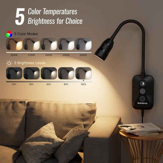 Wall Mounted Reading Light for Bed, Headboard Light with 360° Flexible Arm, Hand Wave Sensor, Focused 60° Beam, 5 Color Temperatures, Stepless Dimming, Memory Function, USB-C Output, Black 2 Pack
